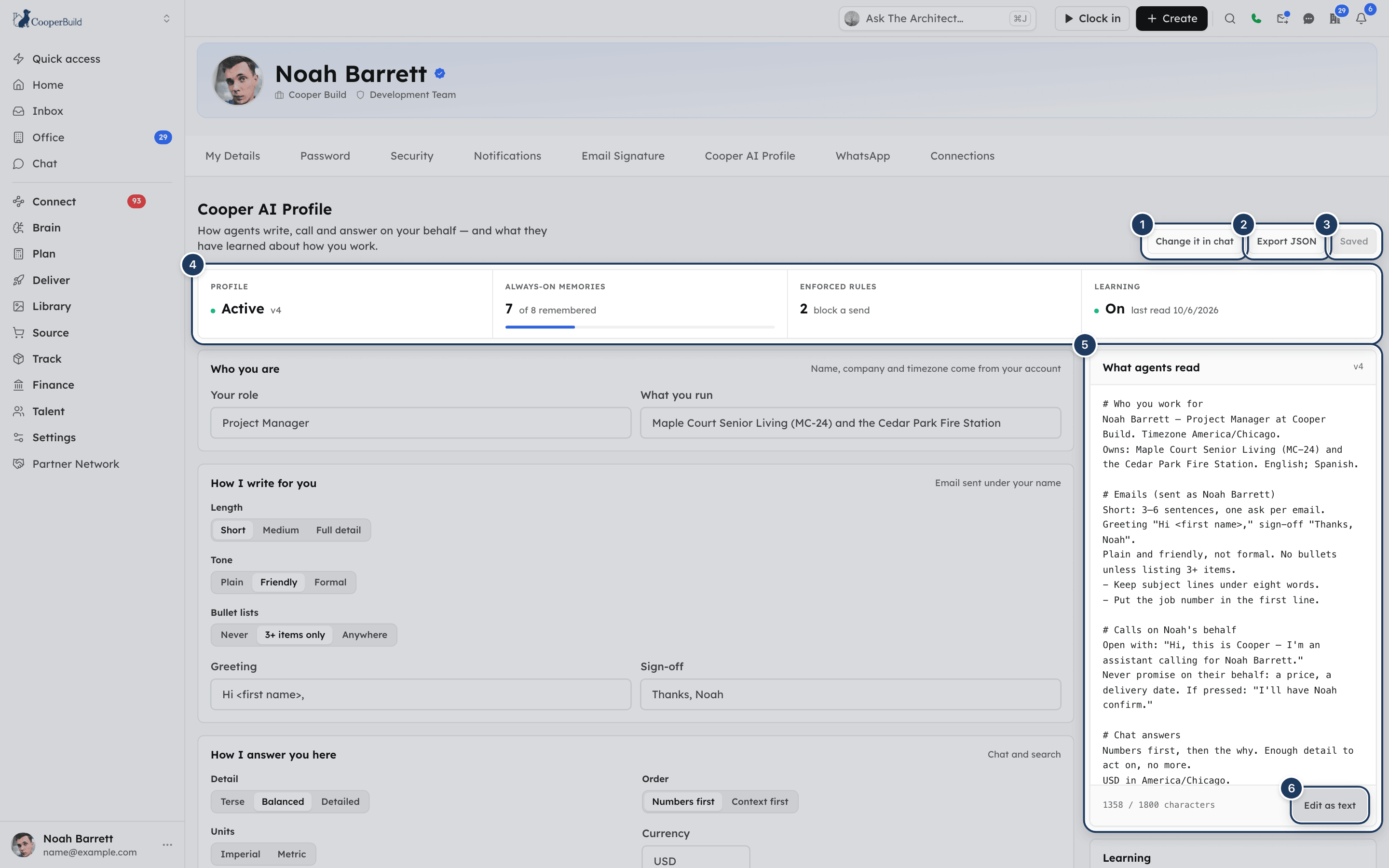 The Cooper AI Profile tab with the status band, the settings on the left and the What agents read panel on the right