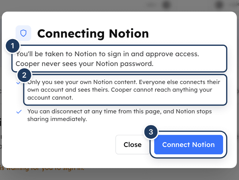 The Connecting help window explaining what happens when you connect, with Close and Connect buttons