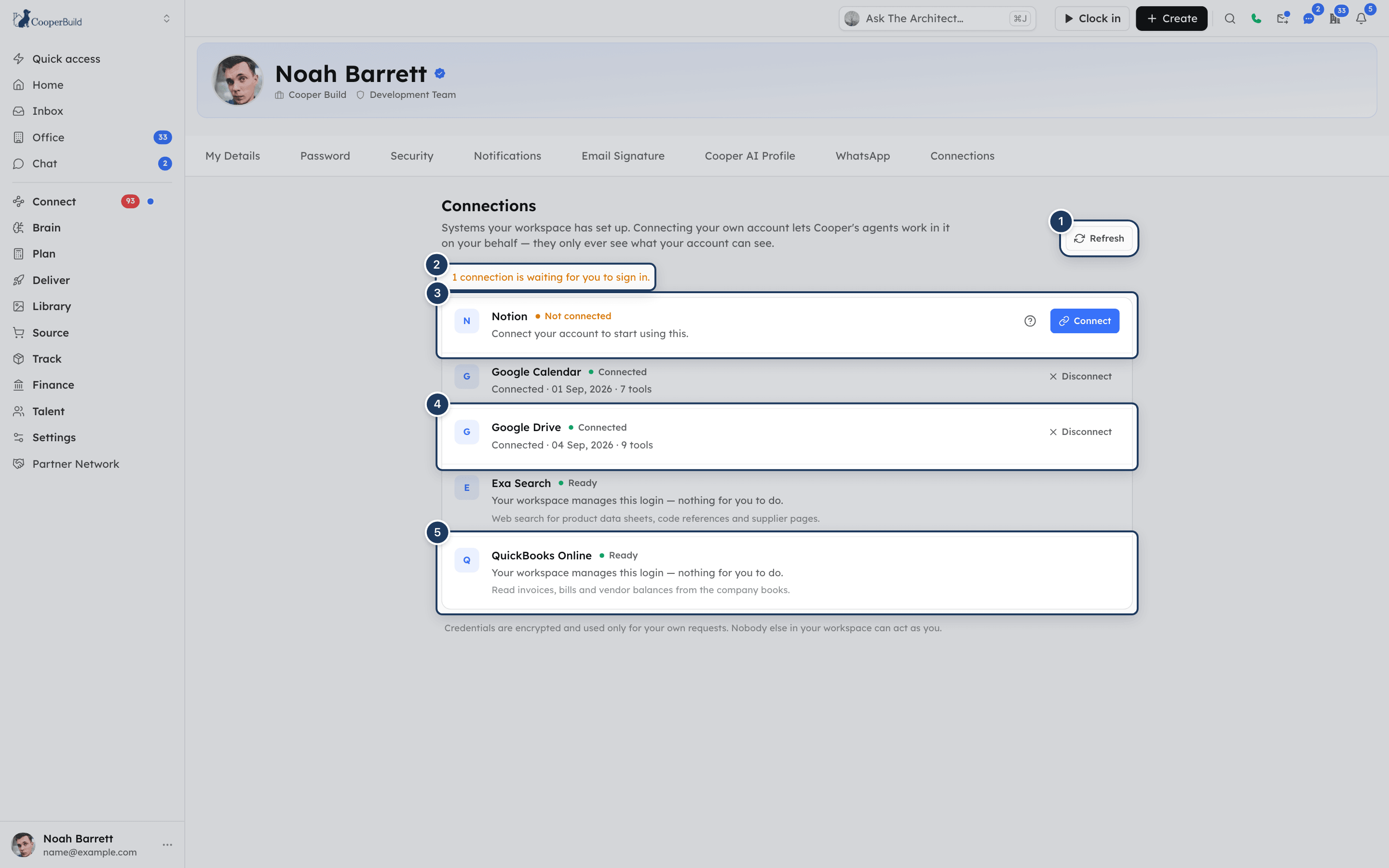 The Connections tab listing connectors with Connected, Not connected and Ready statuses and Connect and Disconnect buttons