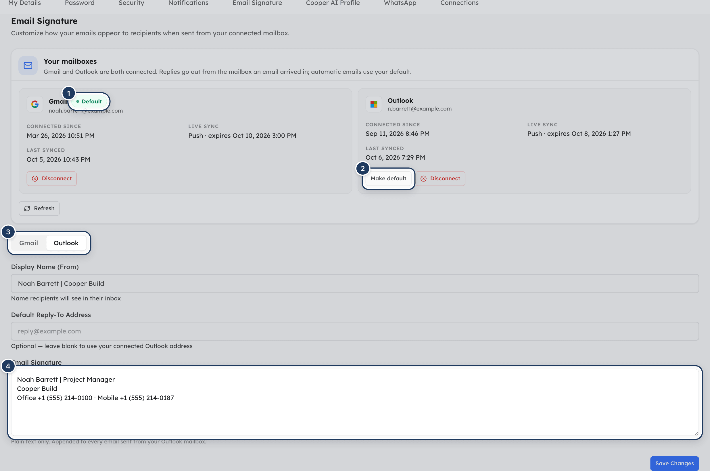 The Email Signature tab with Gmail and Outlook both connected and the Gmail and Outlook tabs above the fields