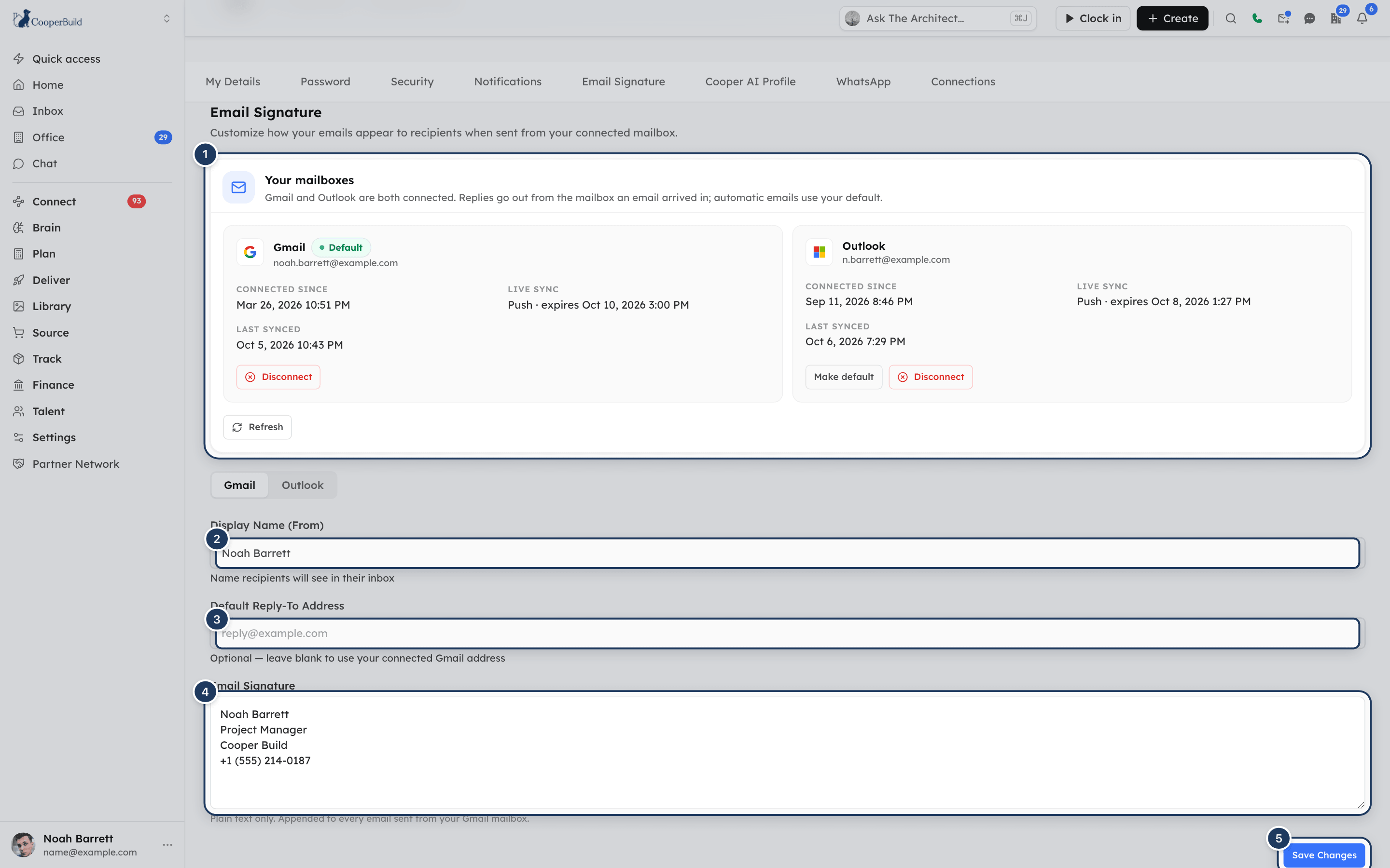 The Email Signature tab with the Your mailboxes card, the Display Name, Default Reply-To Address and Email Signature fields, and the Save Changes button