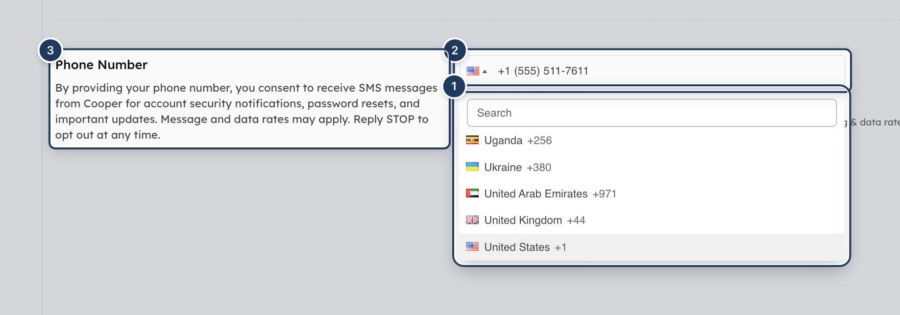 The Phone Number field with the country list open and the SMS consent text beside it