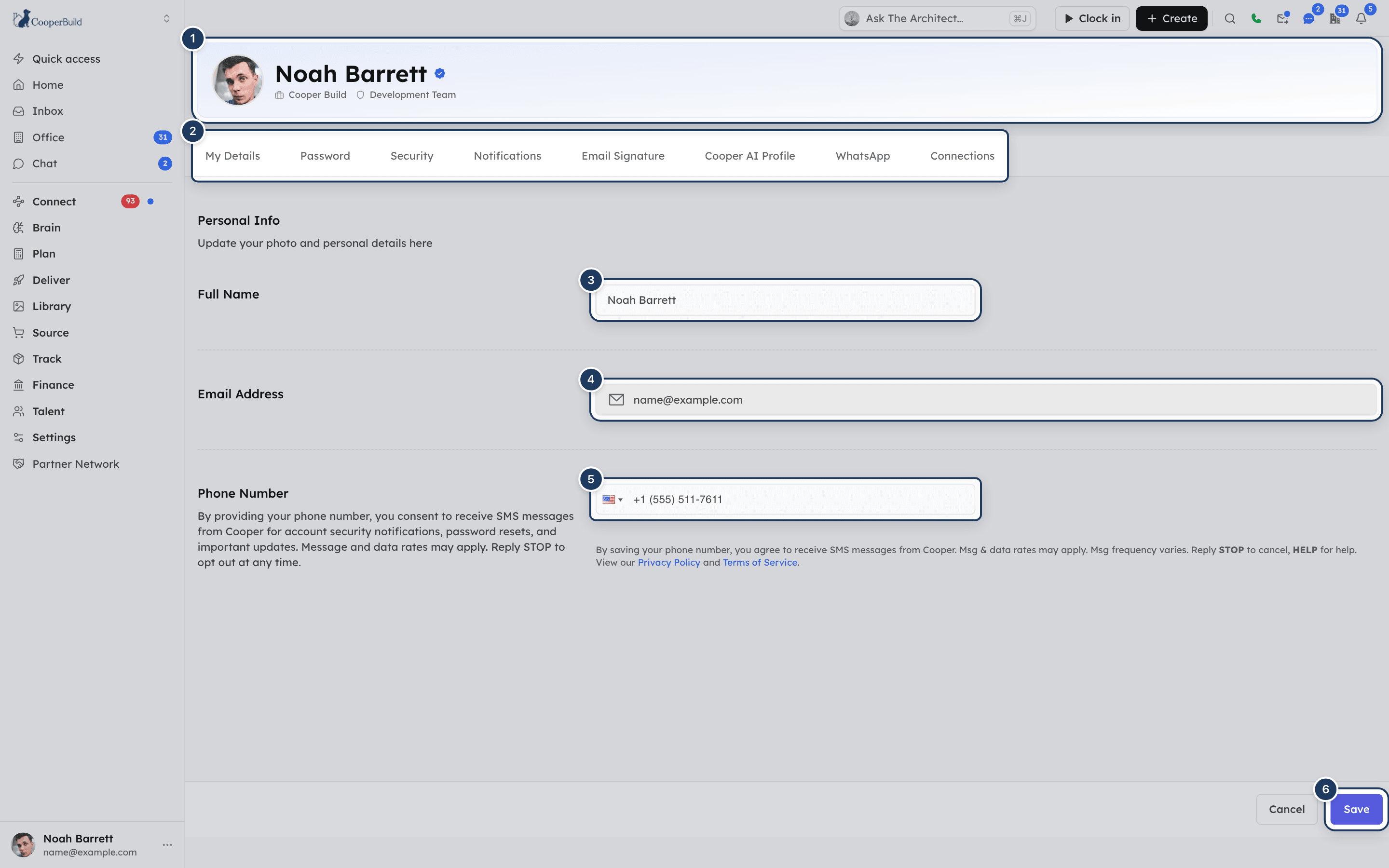 The My Details tab of account settings with the profile header, the row of tabs and the personal info form