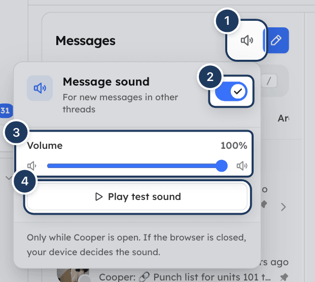 The Message sound panel open from the speaker button at the top of the Chat conversation list