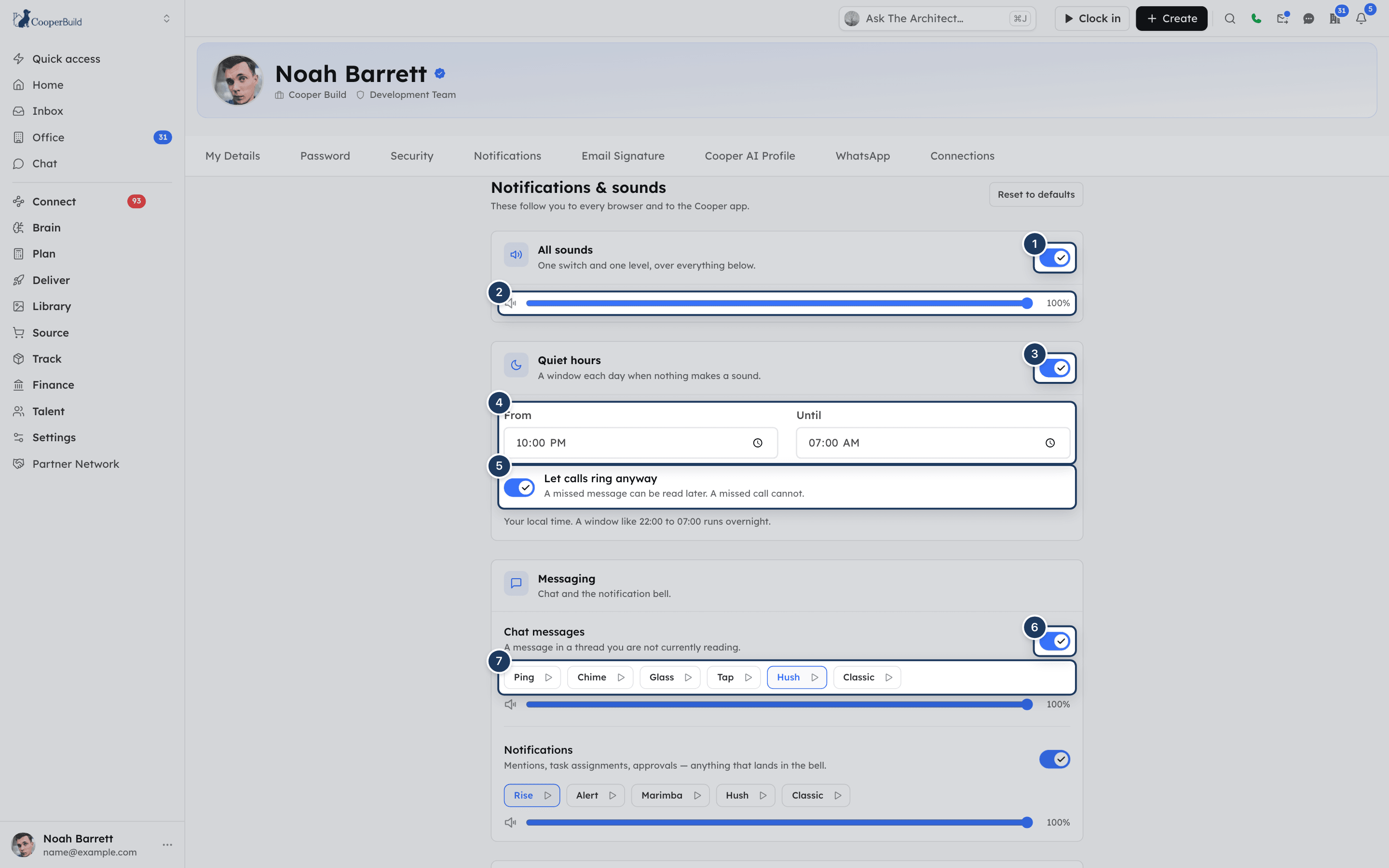 The Notifications and sounds page with the All sounds card, the Quiet hours card and the Messaging card