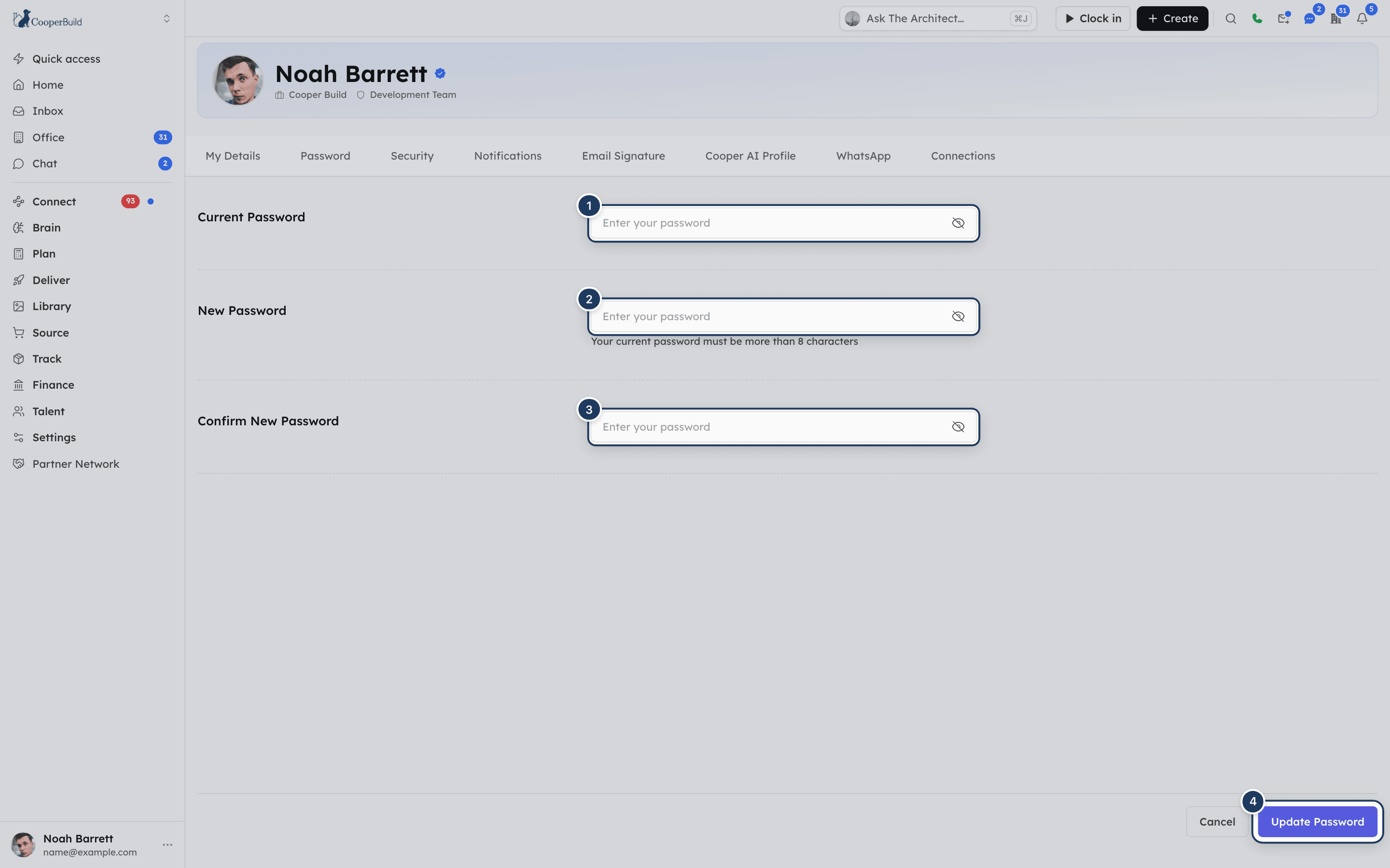 The Password tab with Current Password, New Password and Confirm New Password fields and the Update Password button