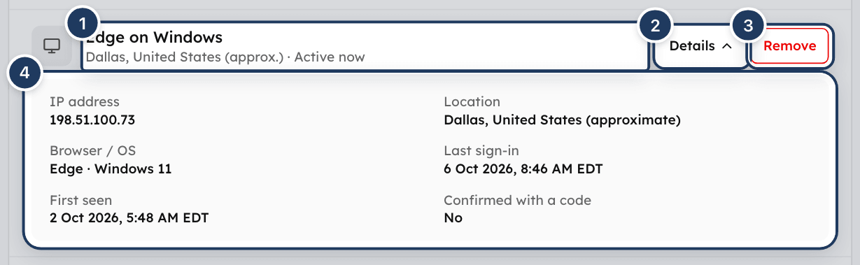 A device row in Where you're signed in with its Details panel open
