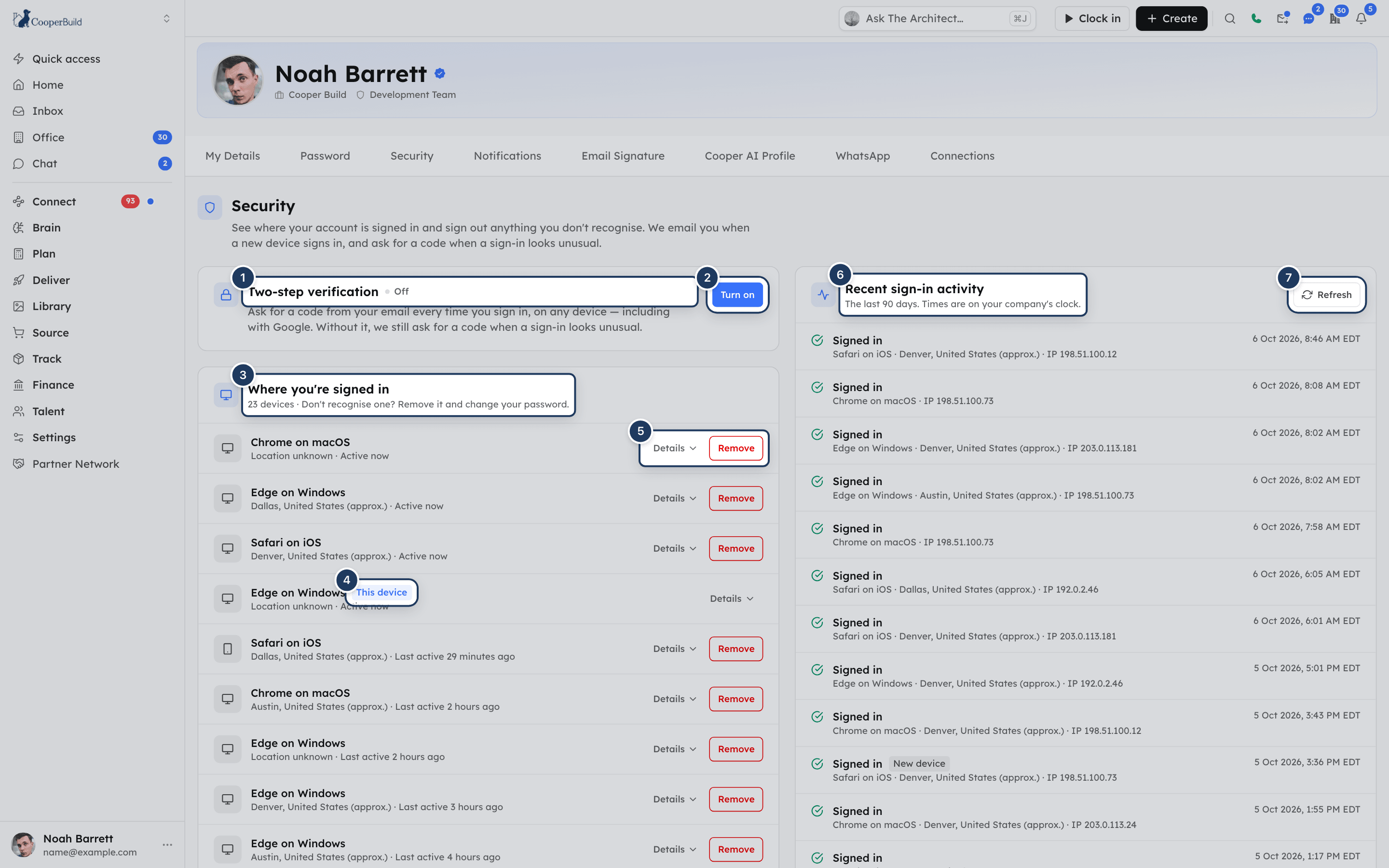 The Security tab with the Two-step verification card, the Where you're signed in list of devices, and the Recent sign-in activity list
