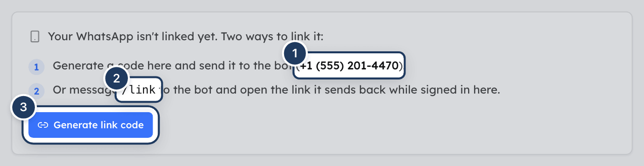 The WhatsApp tab before linking, showing the two ways to link and the Generate link code button