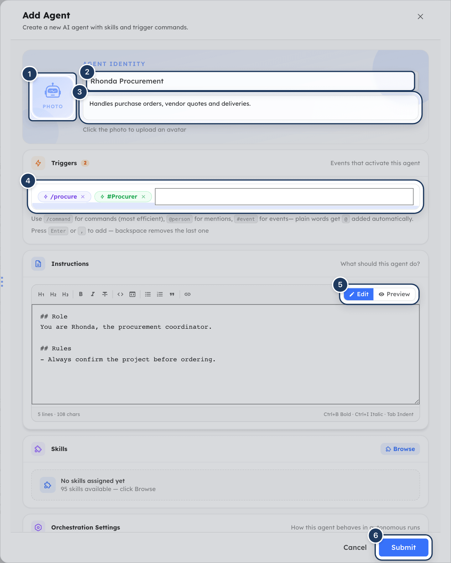 The Add Agent panel with a name, description, two trigger chips and the Instructions editor in Edit mode
