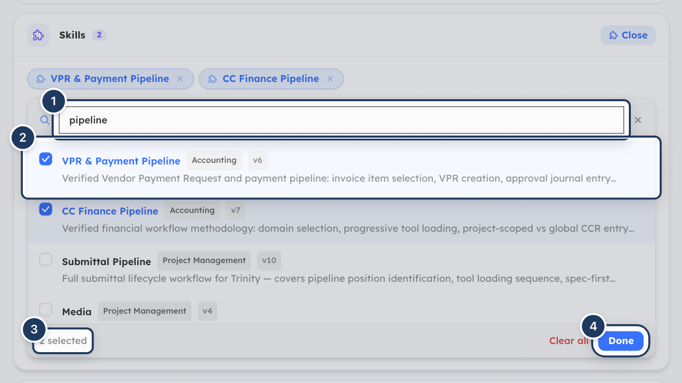 The skill picker open in the Add Agent panel with a search box, a list of skills with categories and versions, two ticked, and the Done button
