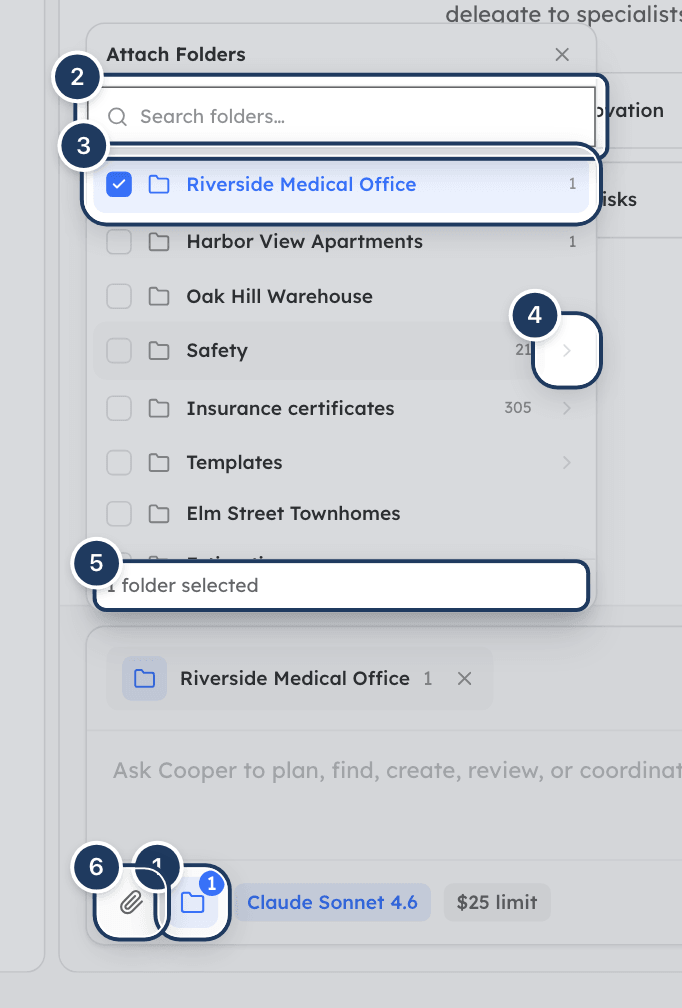 The Attach Folders picker open above the message box, with one folder ticked
