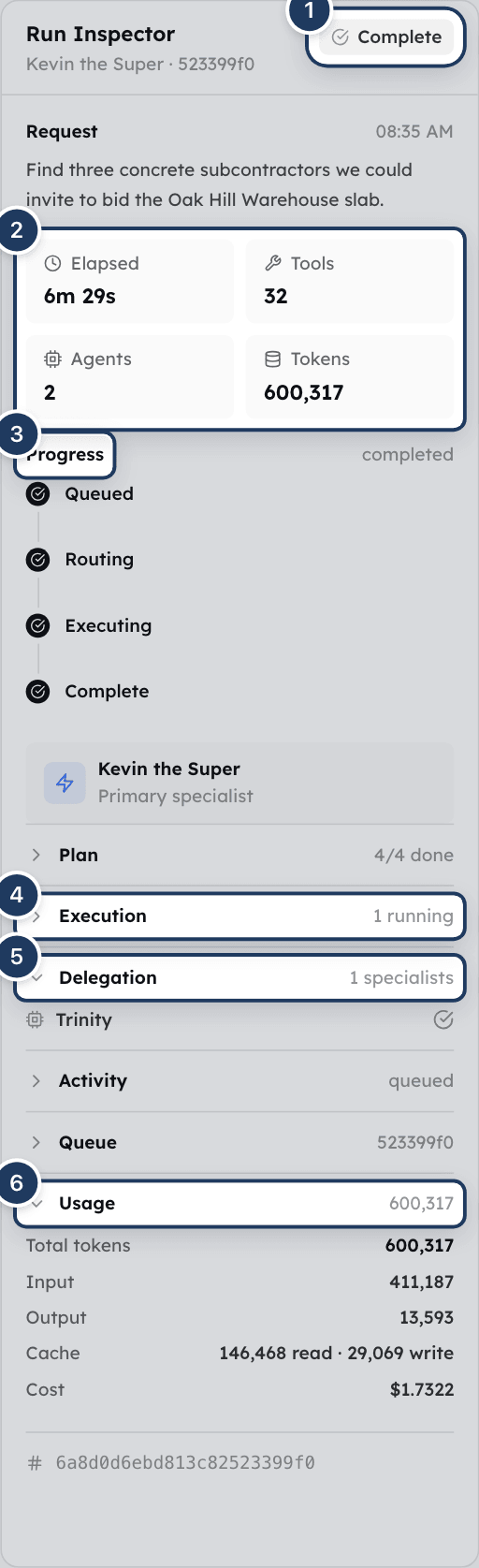 The Run Inspector for a completed run with the Delegation and Usage sections open