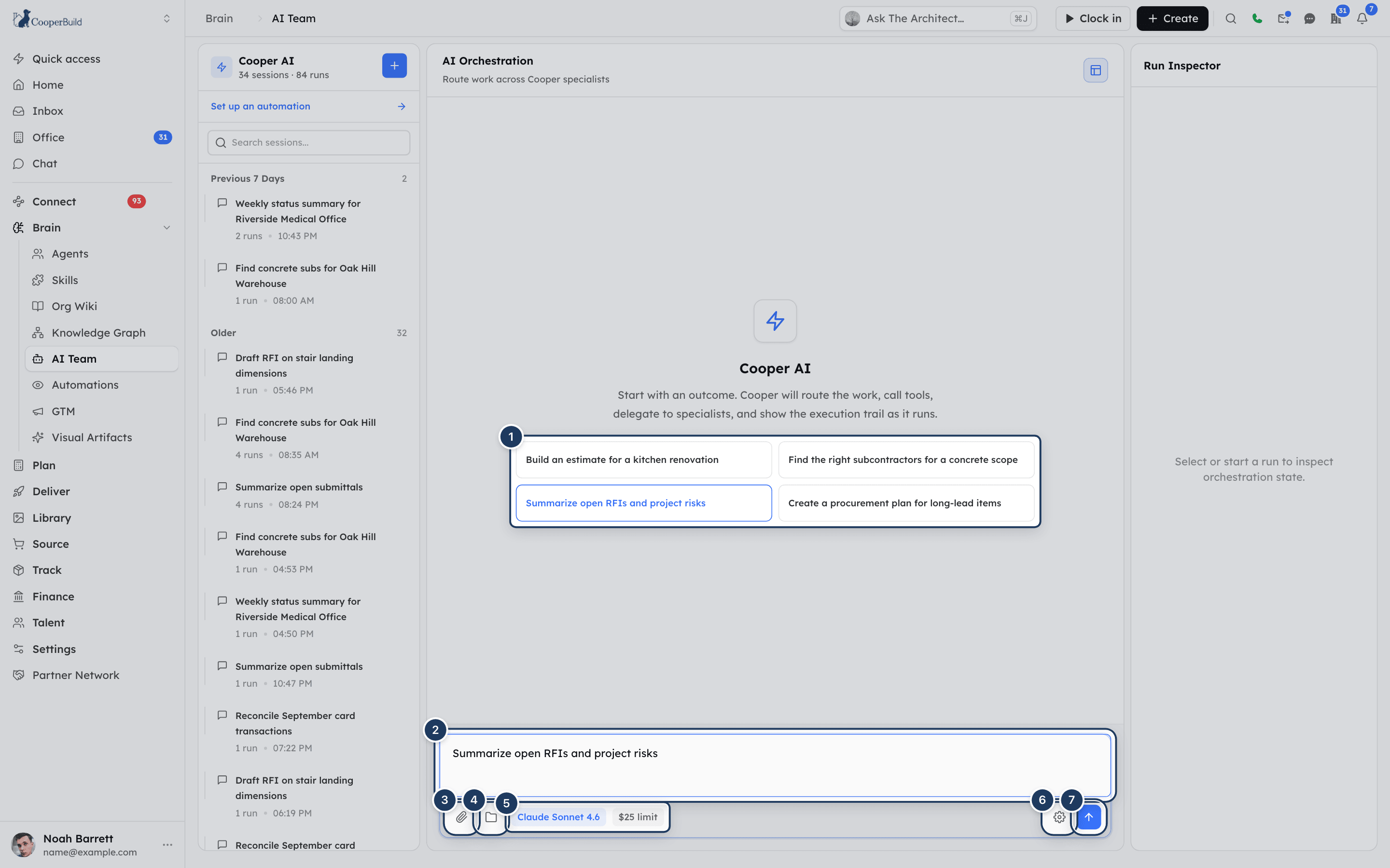 A new AI Team session showing the Cooper AI welcome, four suggestions and the message box