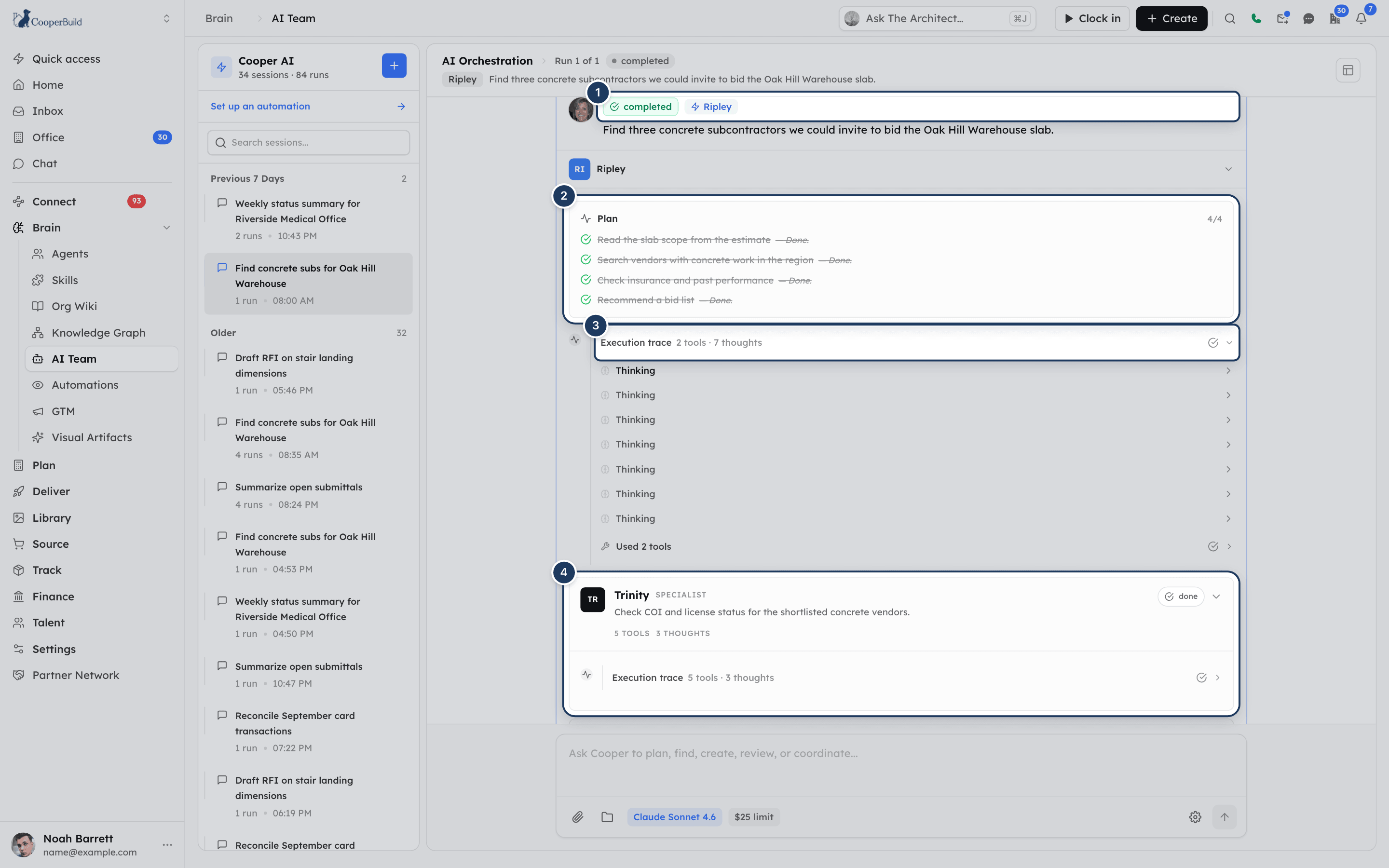 A completed run showing the plan checklist, the execution trace and a specialist card