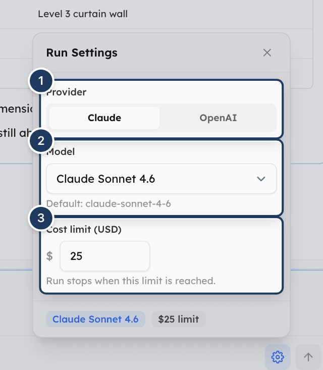 The Run Settings panel open above the message box with Provider, Model and Cost limit