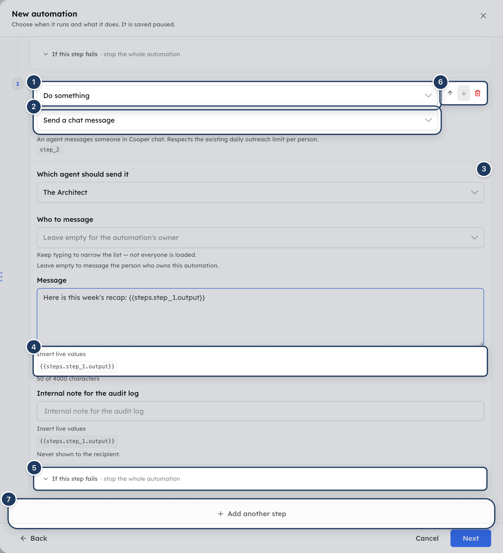 The What it does stage with a Send a chat message step, after an Ask Cooper AI step, being configured