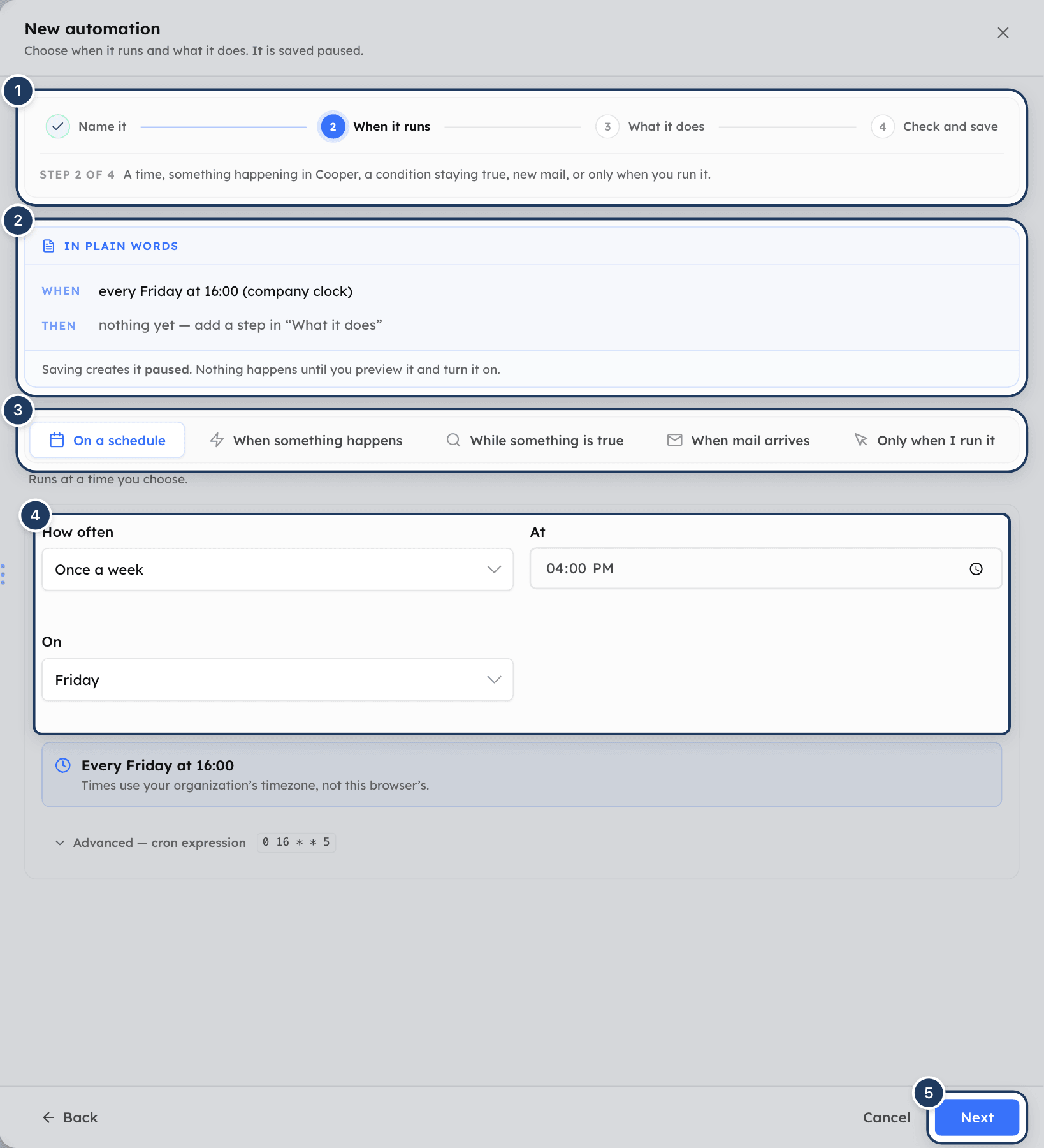 The New automation builder on the When it runs stage with the schedule options