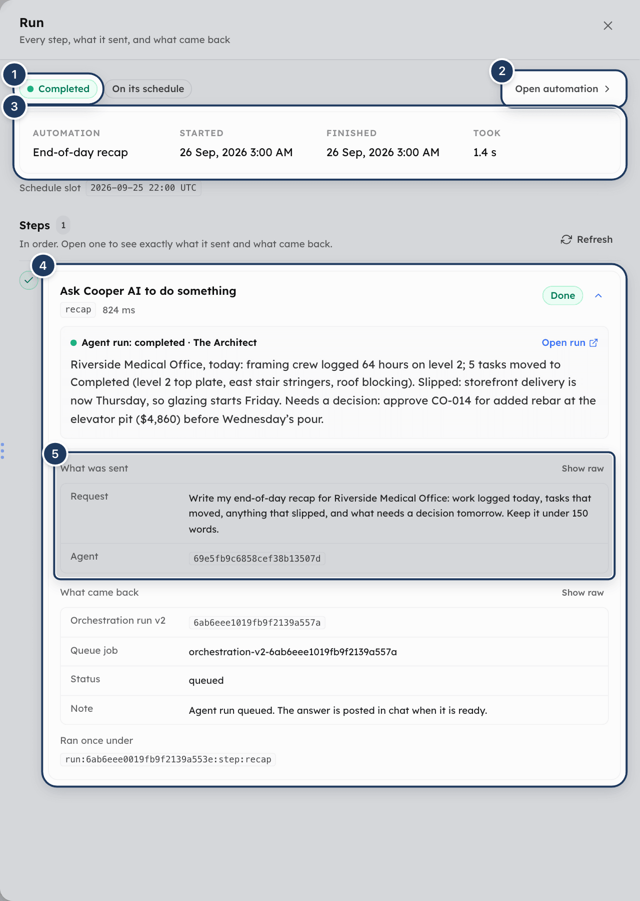 The Run panel with status pills, timing facts and the step timeline