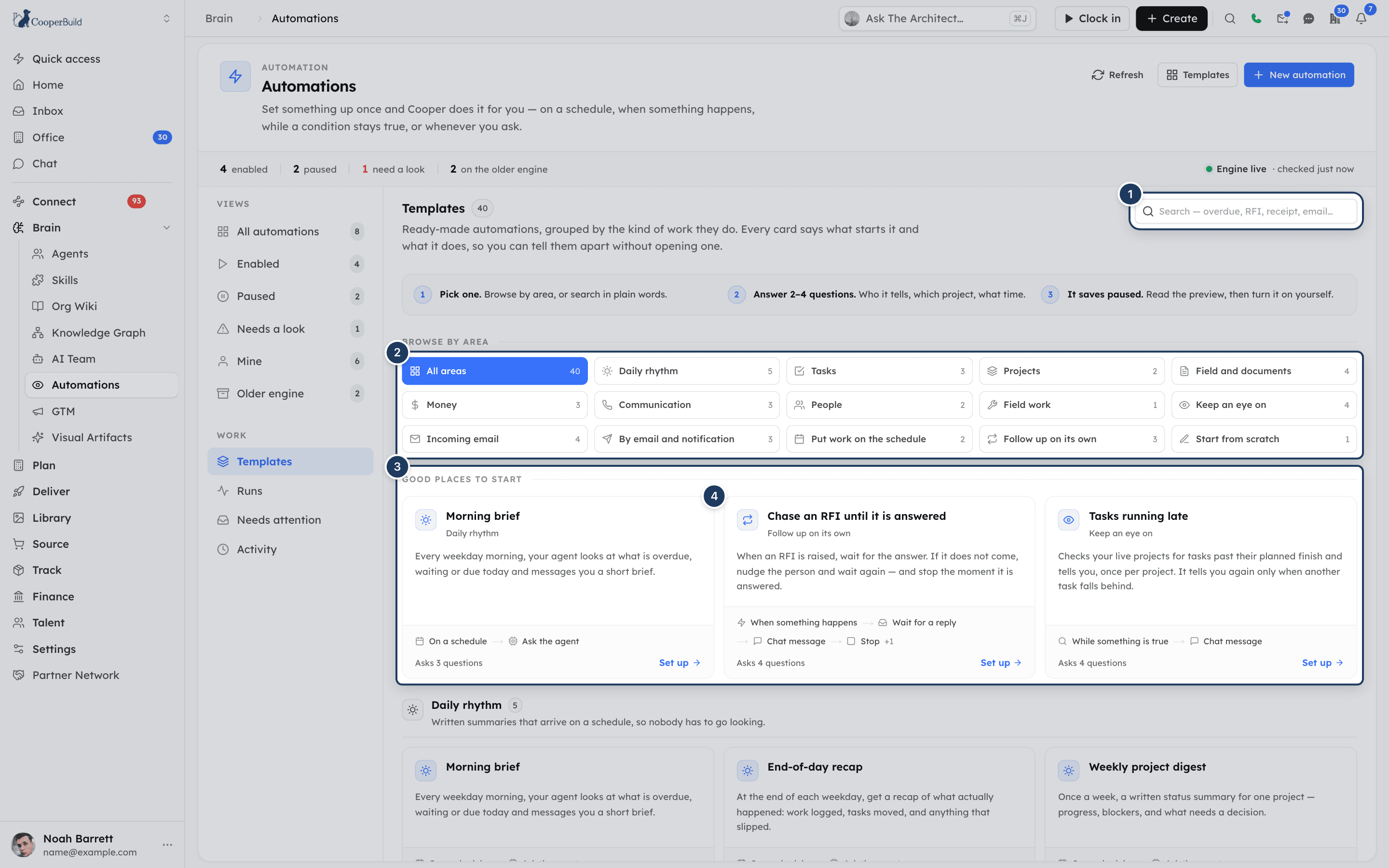 The Templates view with search, the Browse by area grid and template cards