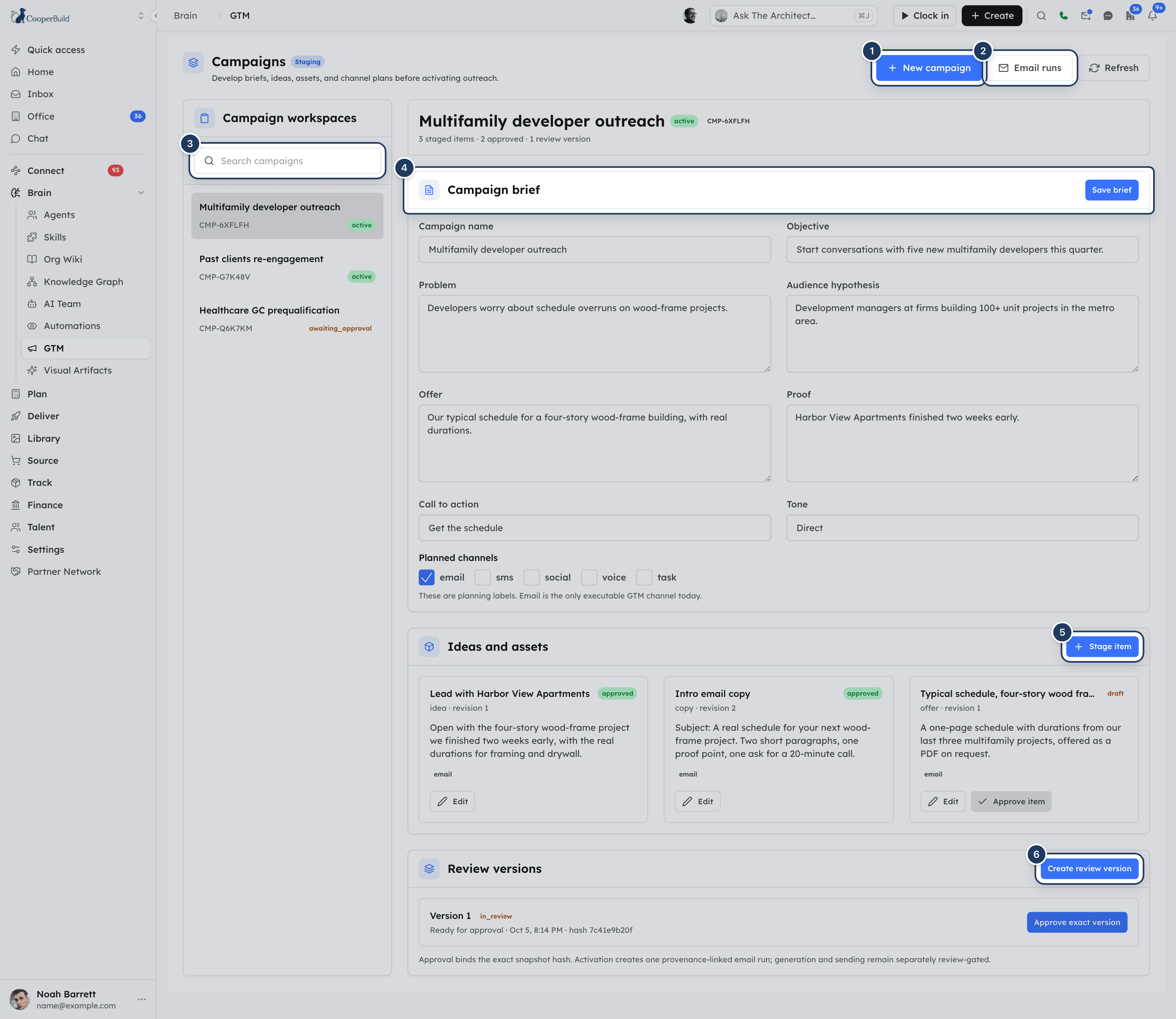 The Campaigns screen with the campaign workspaces list, the campaign brief, staged ideas and assets, and review versions