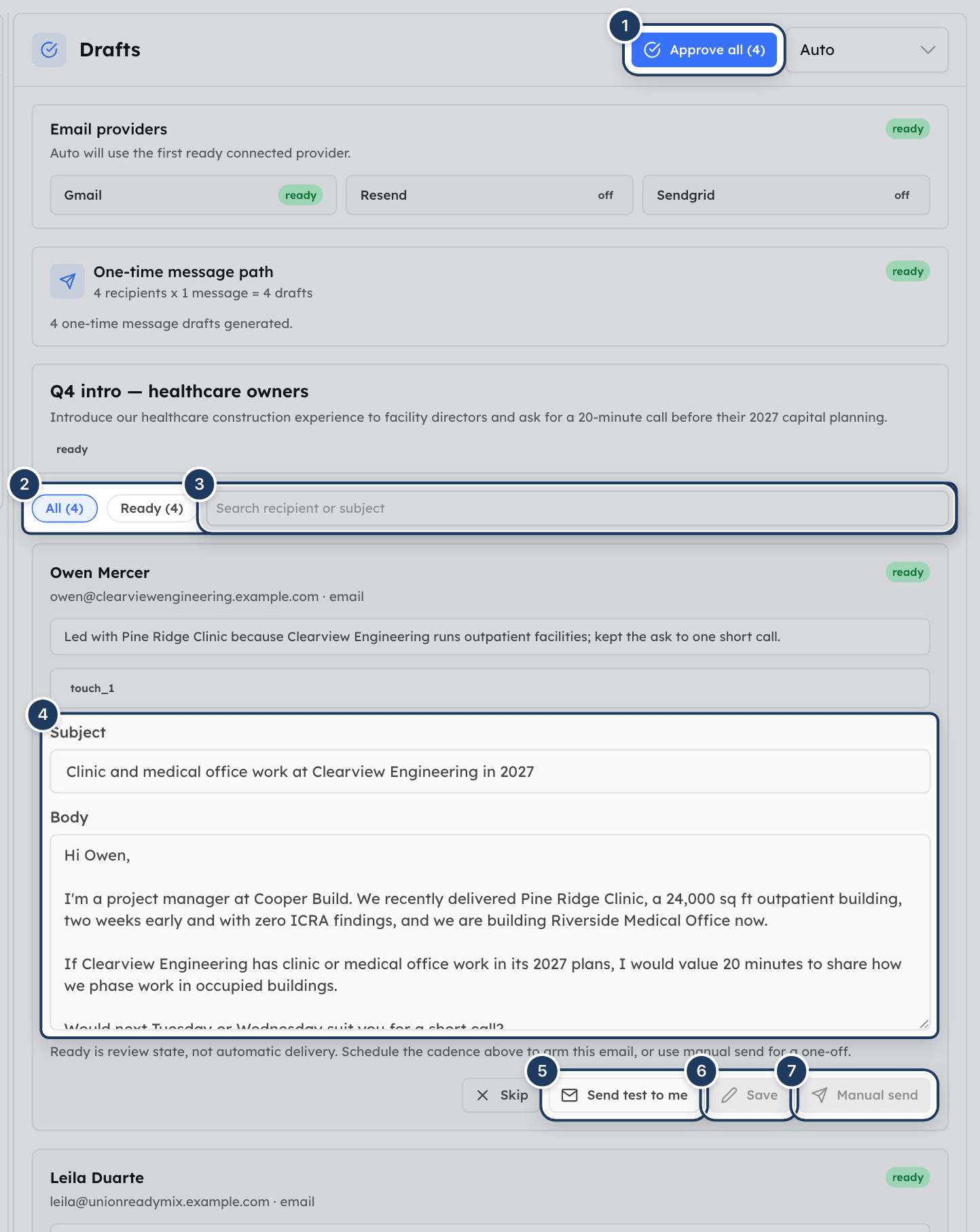 The Drafts panel with status filter chips, the search box and one draft editor with subject, body and action buttons