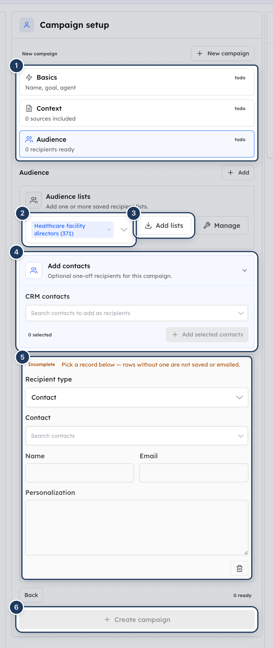 The Campaign setup panel on the Audience step with a saved audience list chosen, Add contacts expanded and an empty recipient row