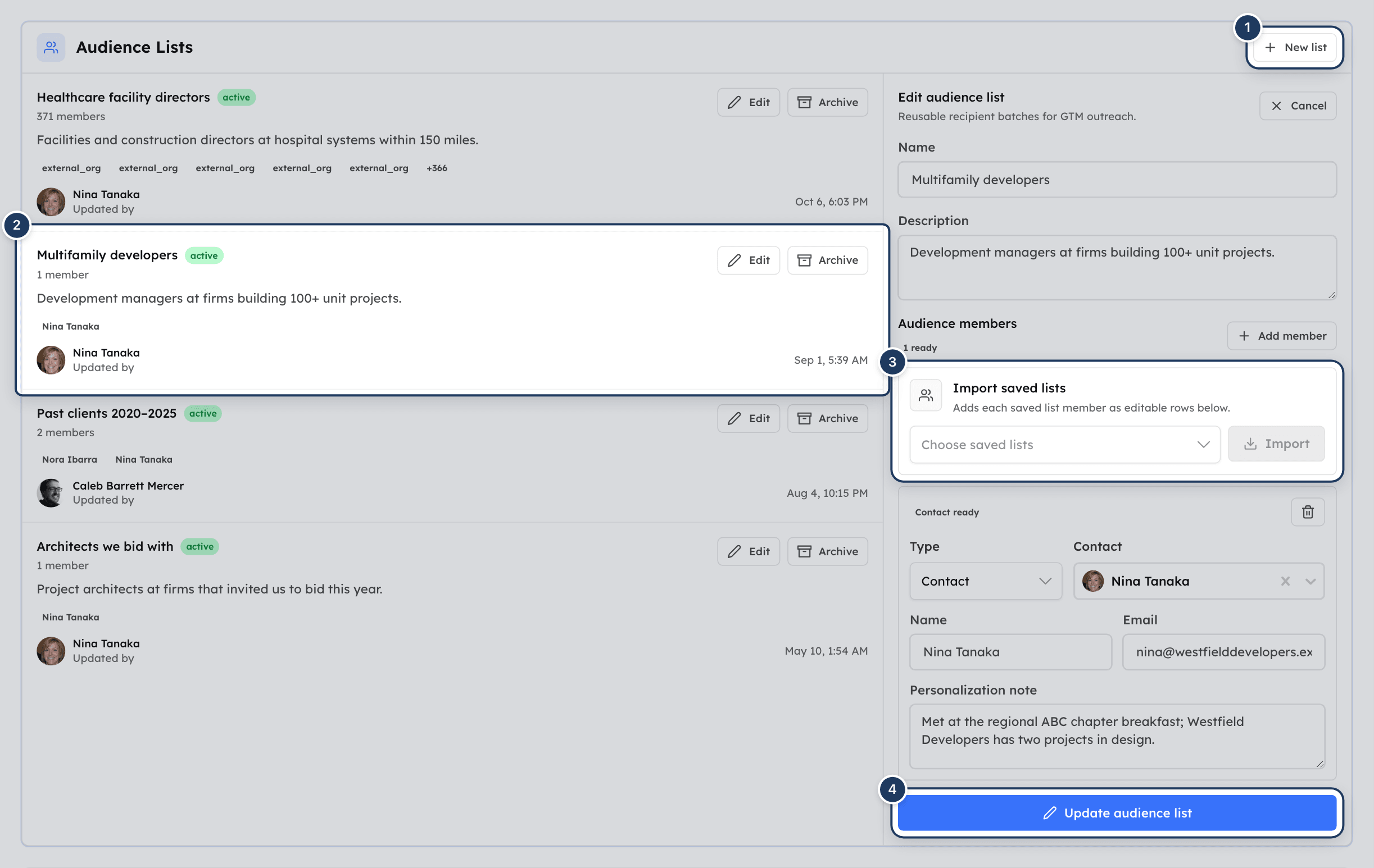 The Audience Lists card in GTM settings with the saved lists on the left and the list editor on the right