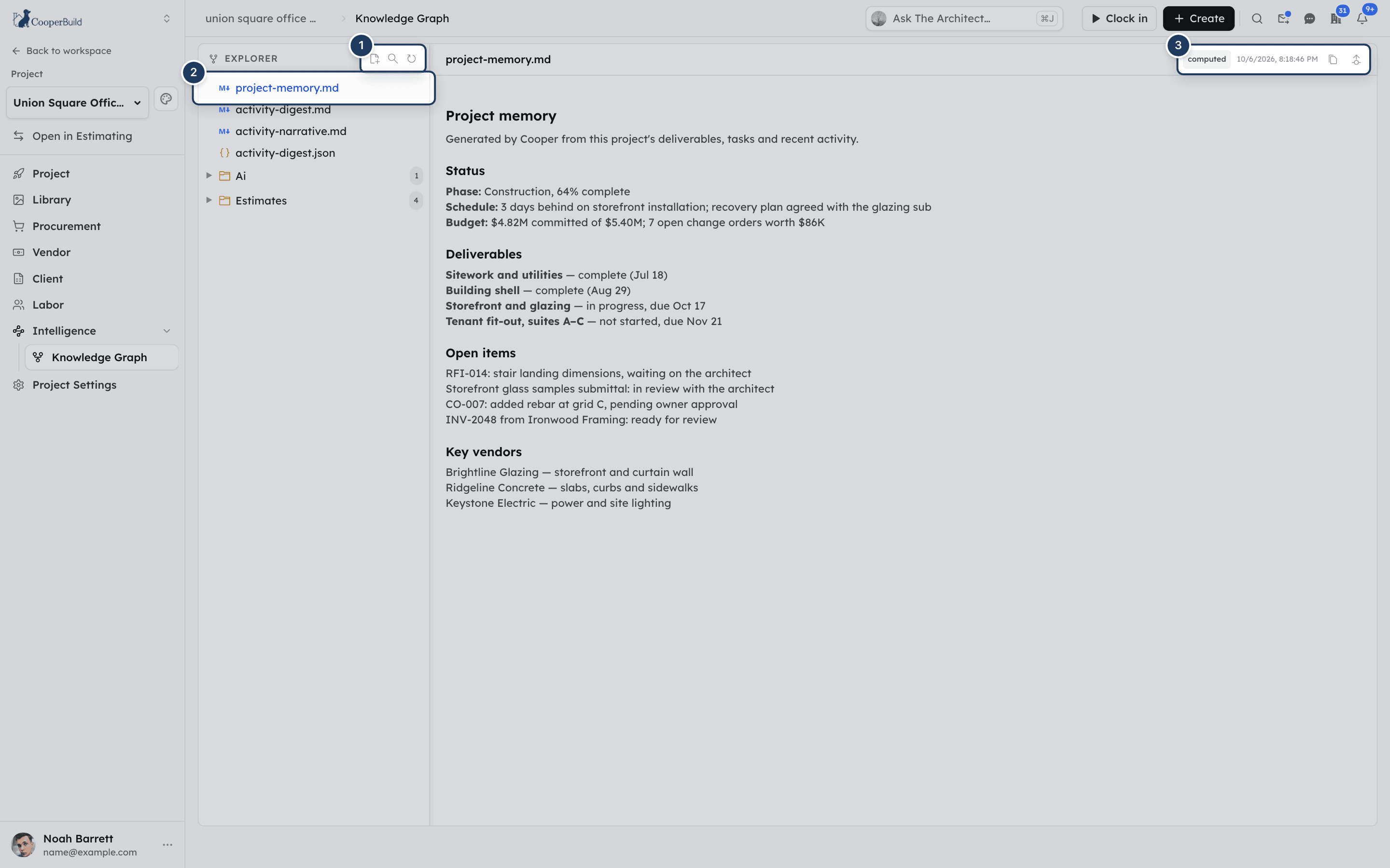 A project's knowledge files with the file tree on the left and project-memory.md open on the right