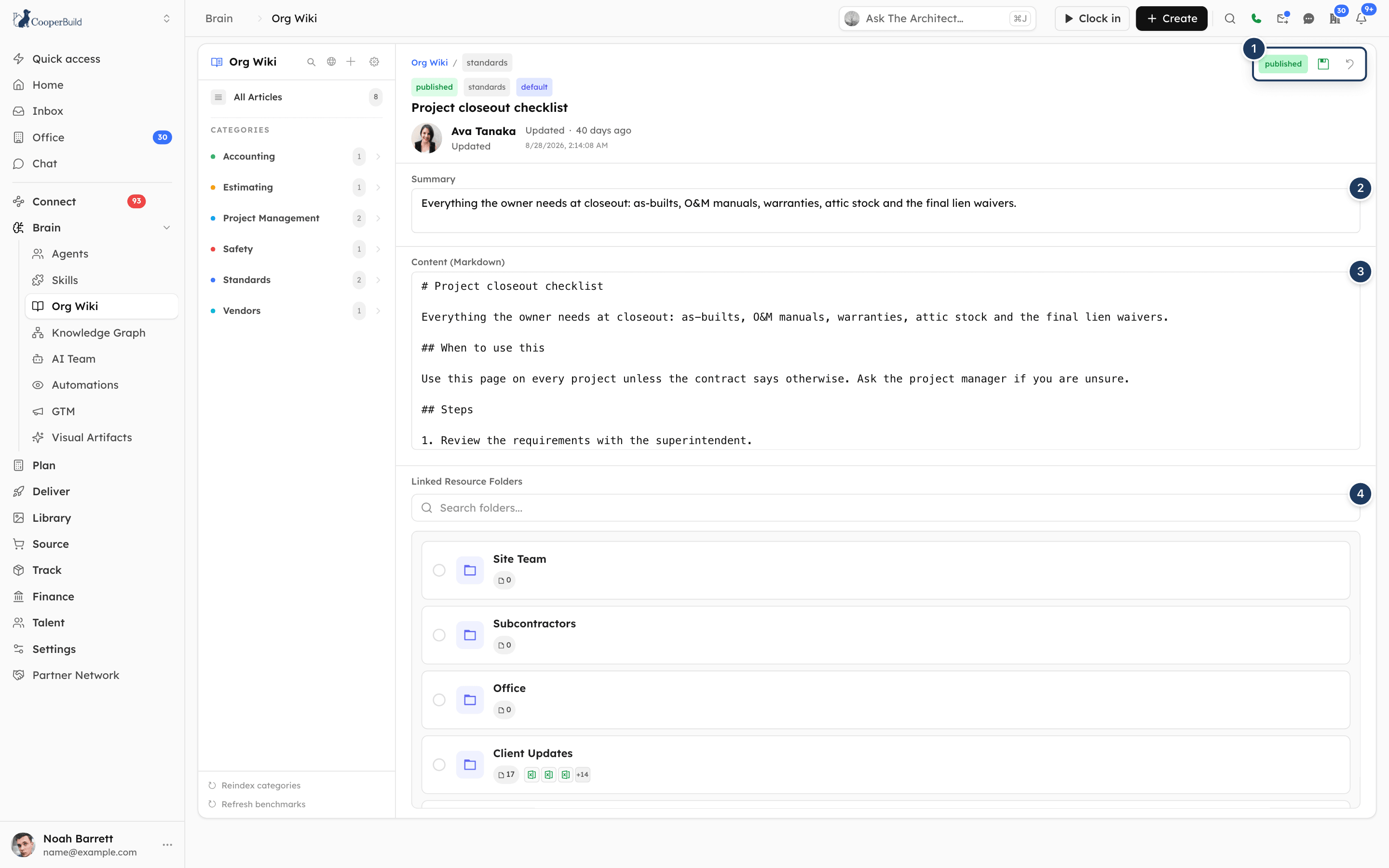 An article in edit mode with the status toggle, Save and Discard buttons, and the Summary, Content and Linked Resource Folders fields