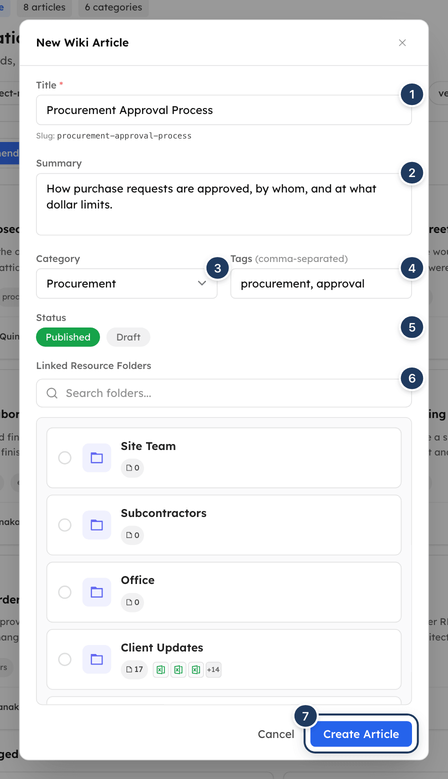 The New Wiki Article window with Title, Summary, Category, Tags, Status and Linked Resource Folders