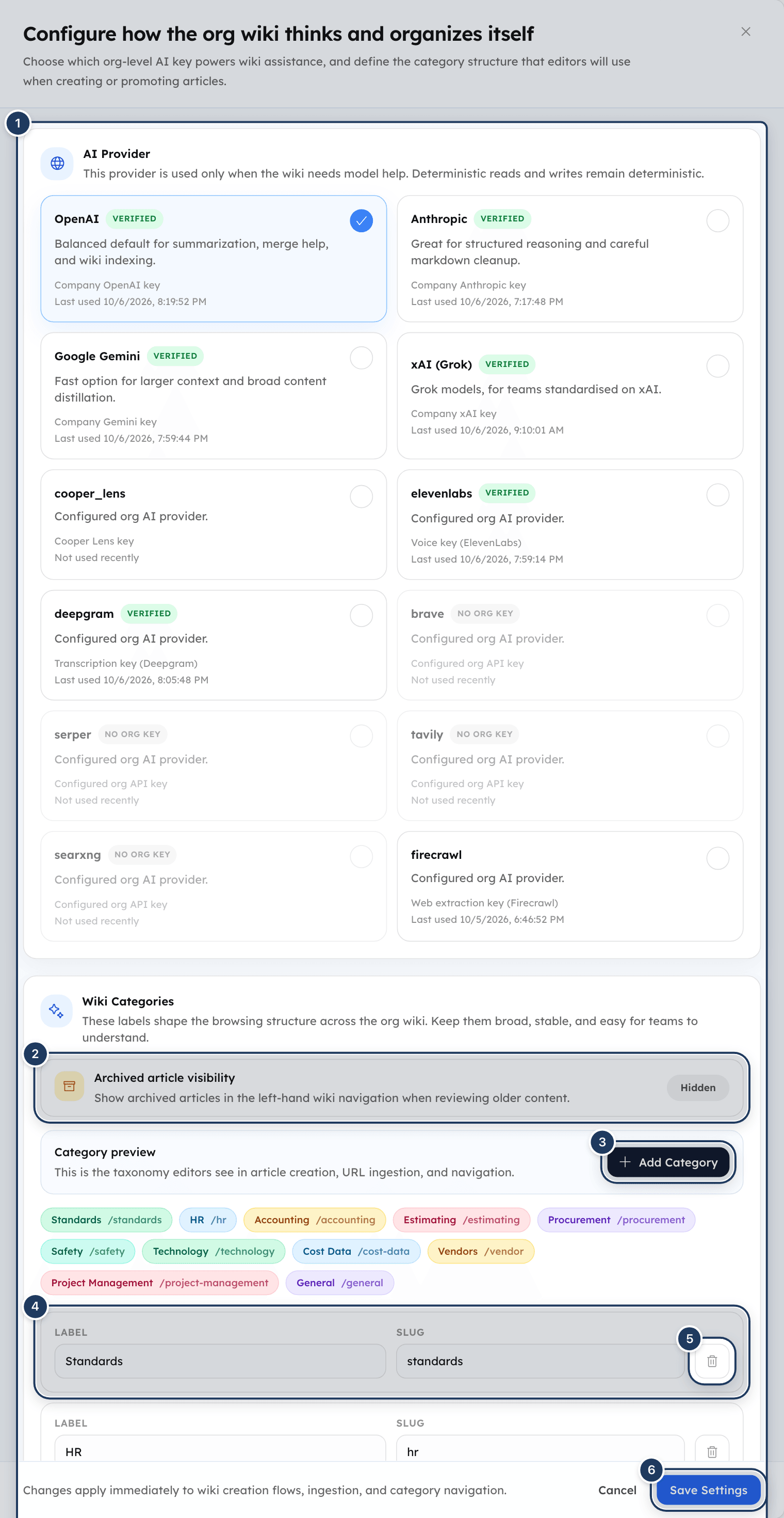 Wiki settings with the AI Provider cards and the Wiki Categories list