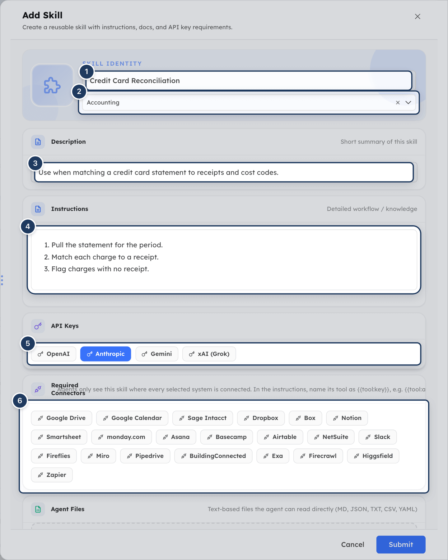 The Add Skill panel with a name, category, description and instructions filled in