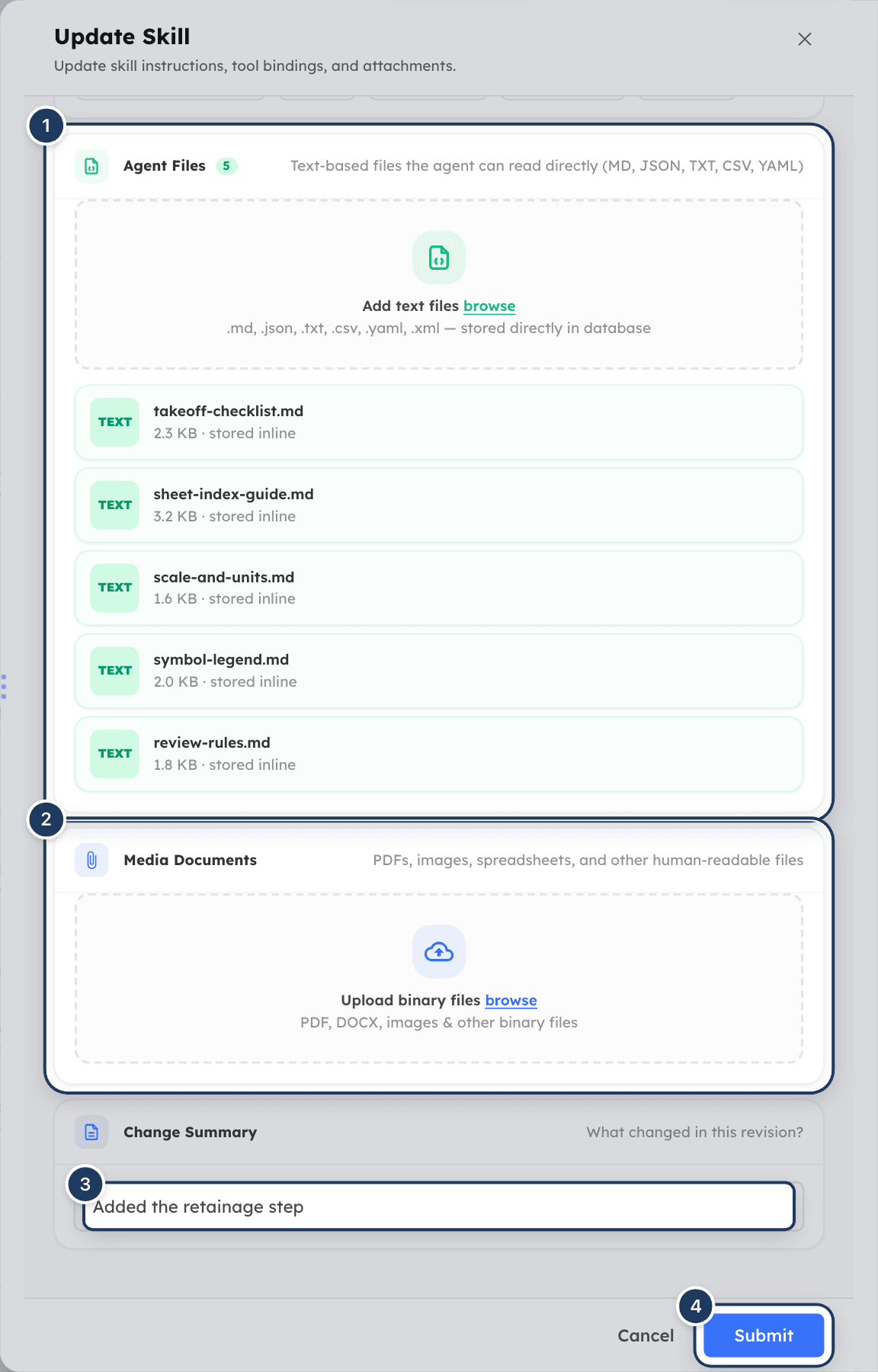 The Update Skill panel scrolled to Agent Files with five text files, the Media Documents upload area and Change Summary