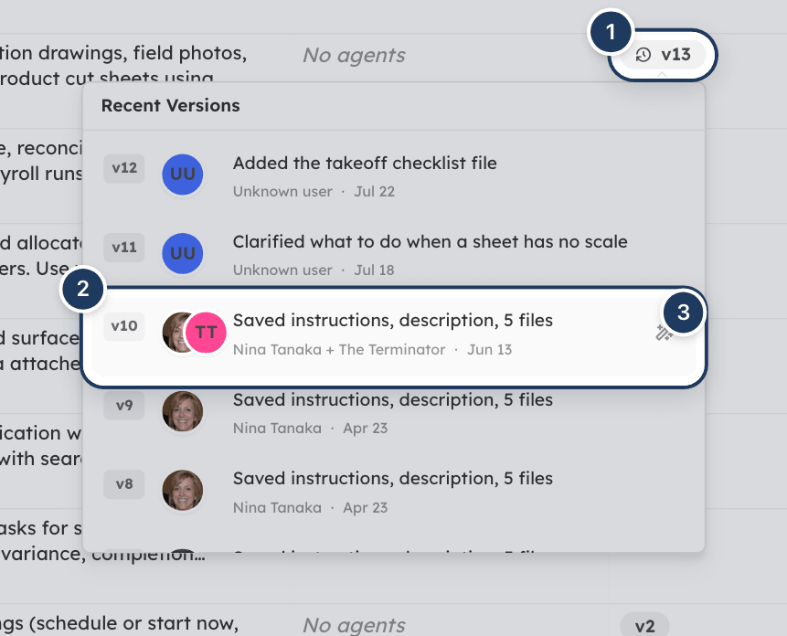 The Recent Versions popover open from a skill's version badge, with the revert button visible on one version