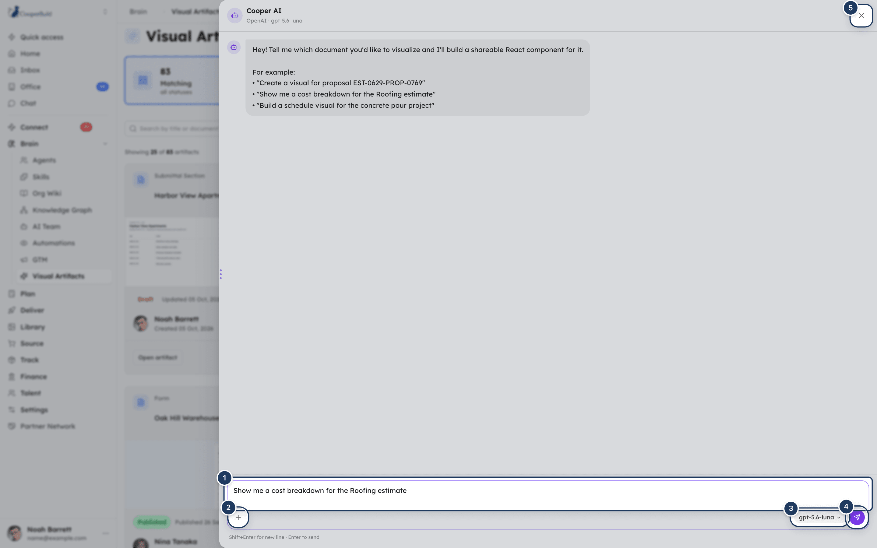 The Create Visual panel with the Cooper AI chat, the template menu open and the model chip in the message box