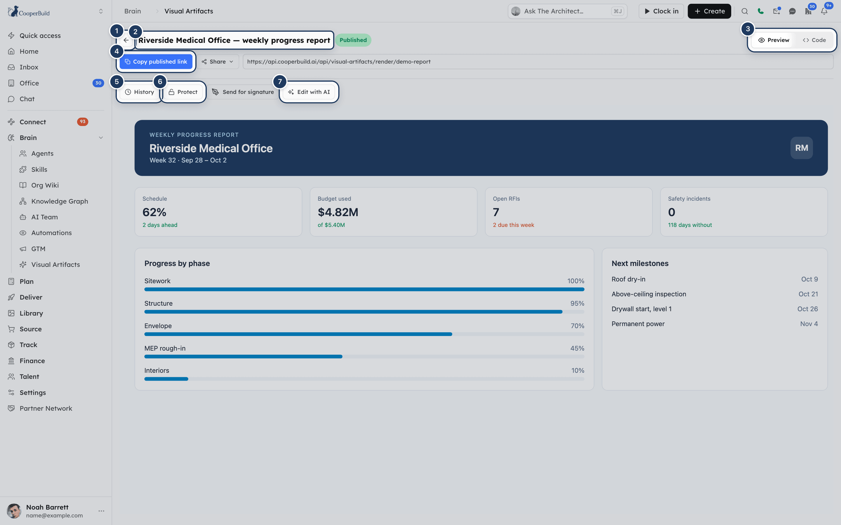 A published visual artifact with the tab switcher, the share bar and the action buttons above the preview