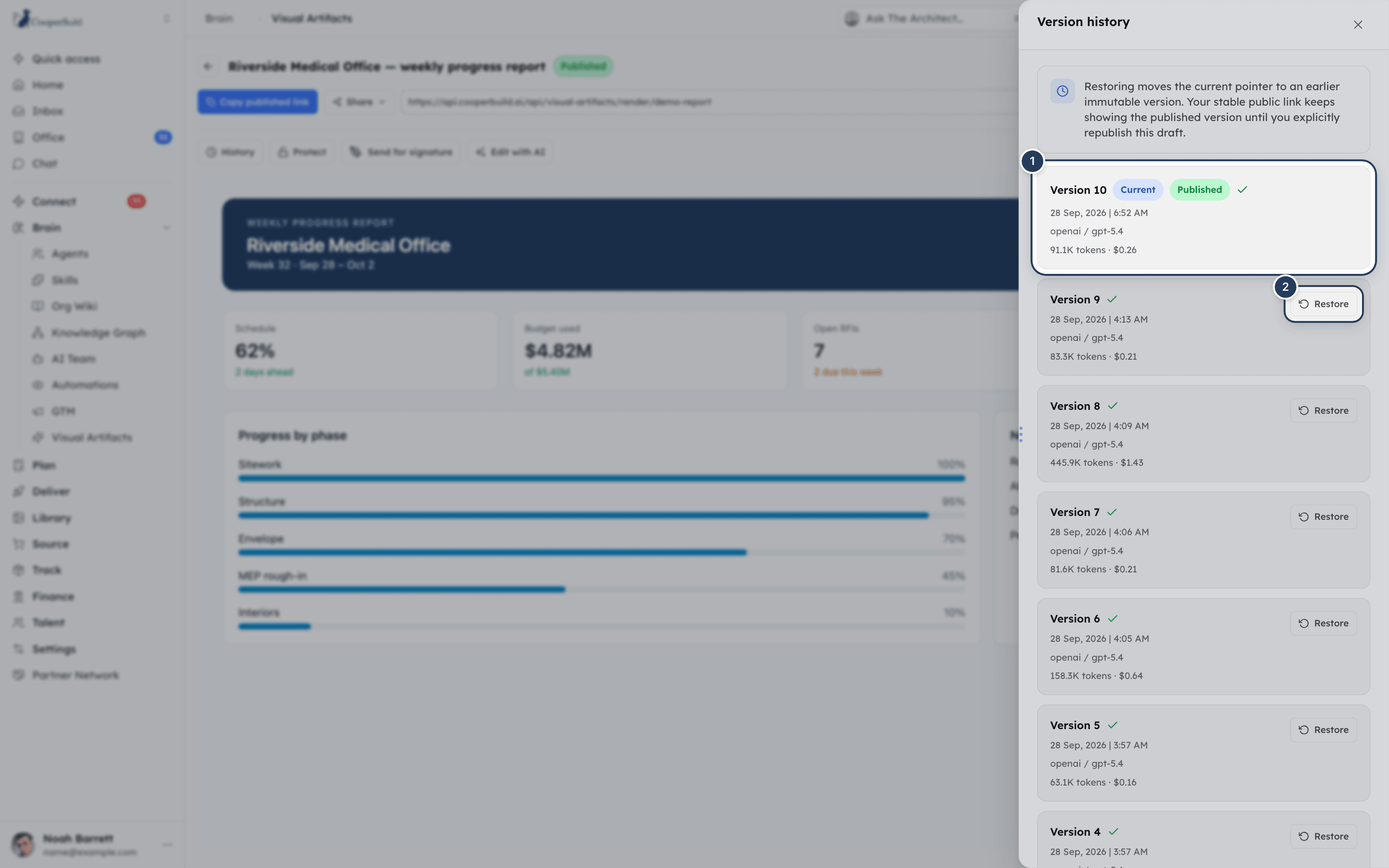 The Version history panel listing versions with Current and Published badges and Restore buttons