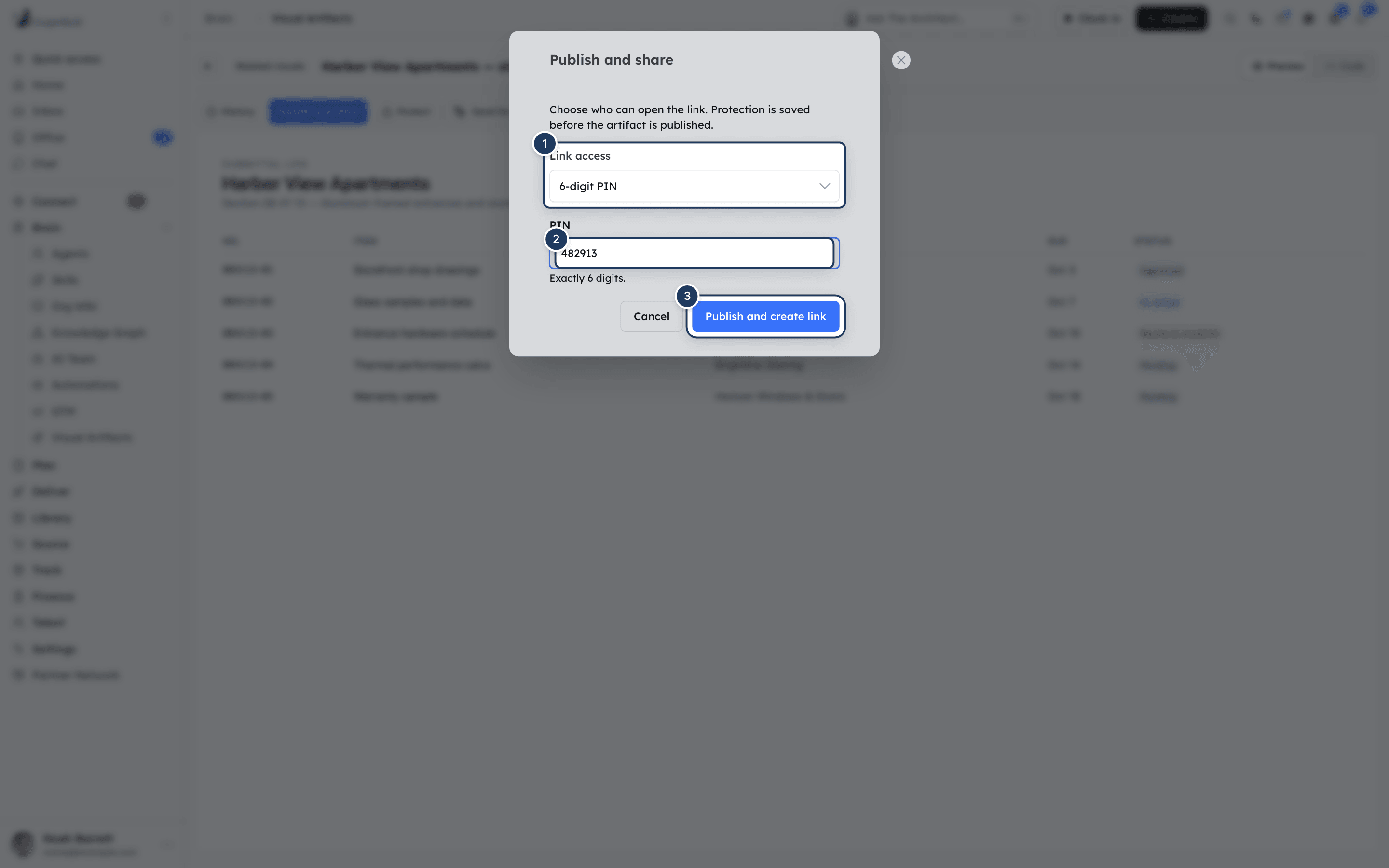 The Publish and share window with Link access set to 6-digit PIN and a PIN entered