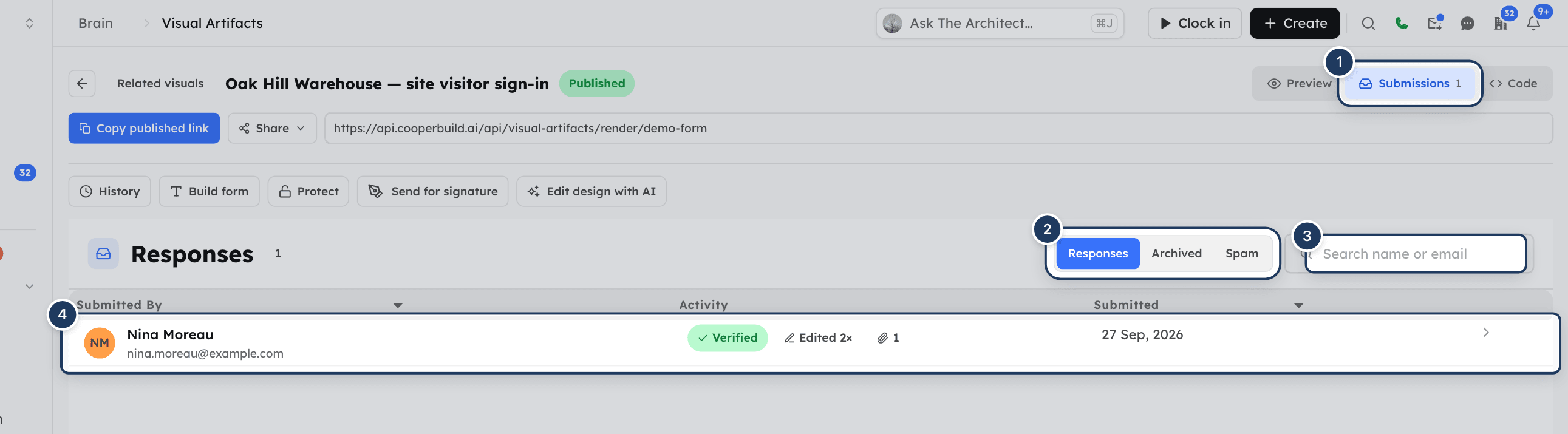 The Submissions tab of a form artifact with the status switch, search box and a list of responses