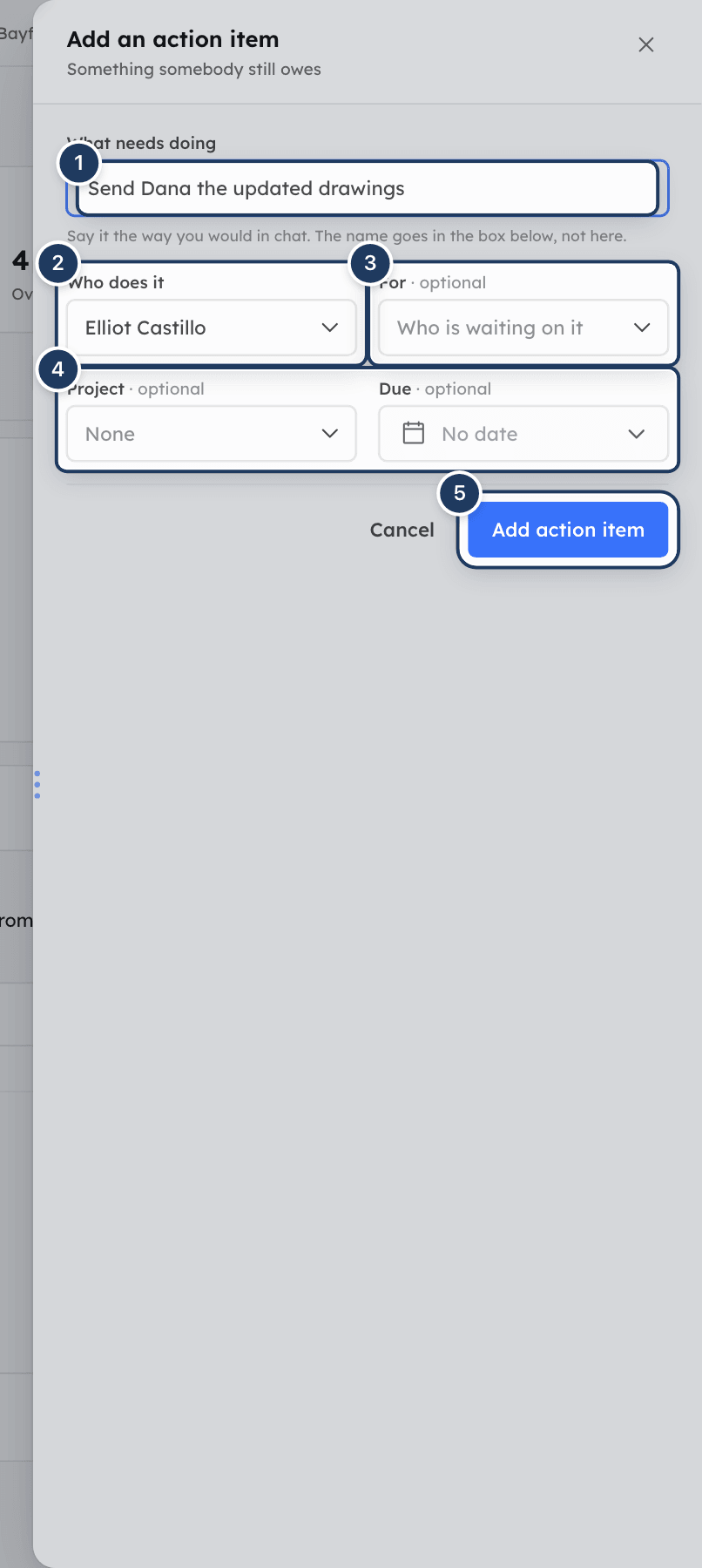 The Add an action item panel
