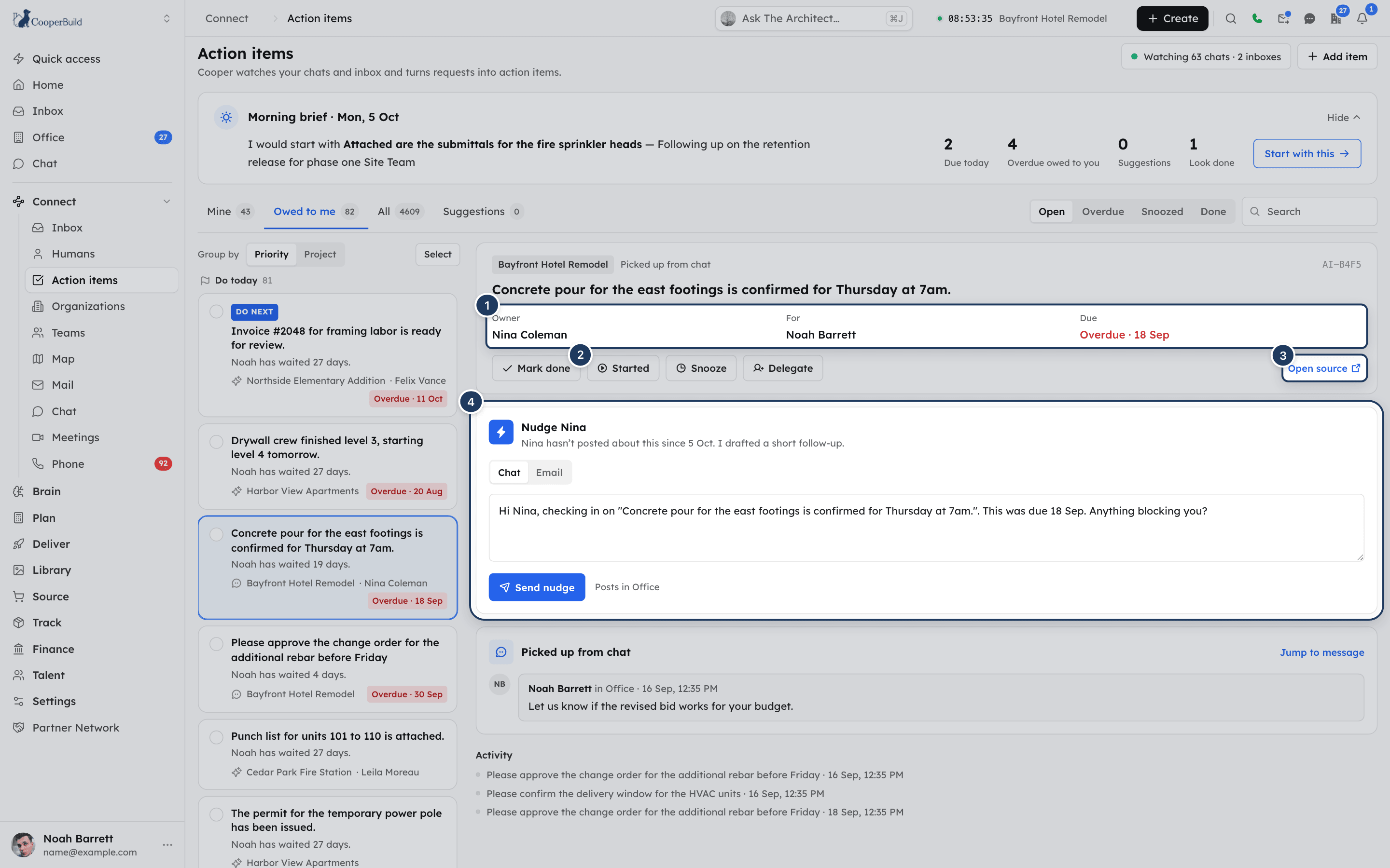 An action item's details with the action buttons and the Nudge card