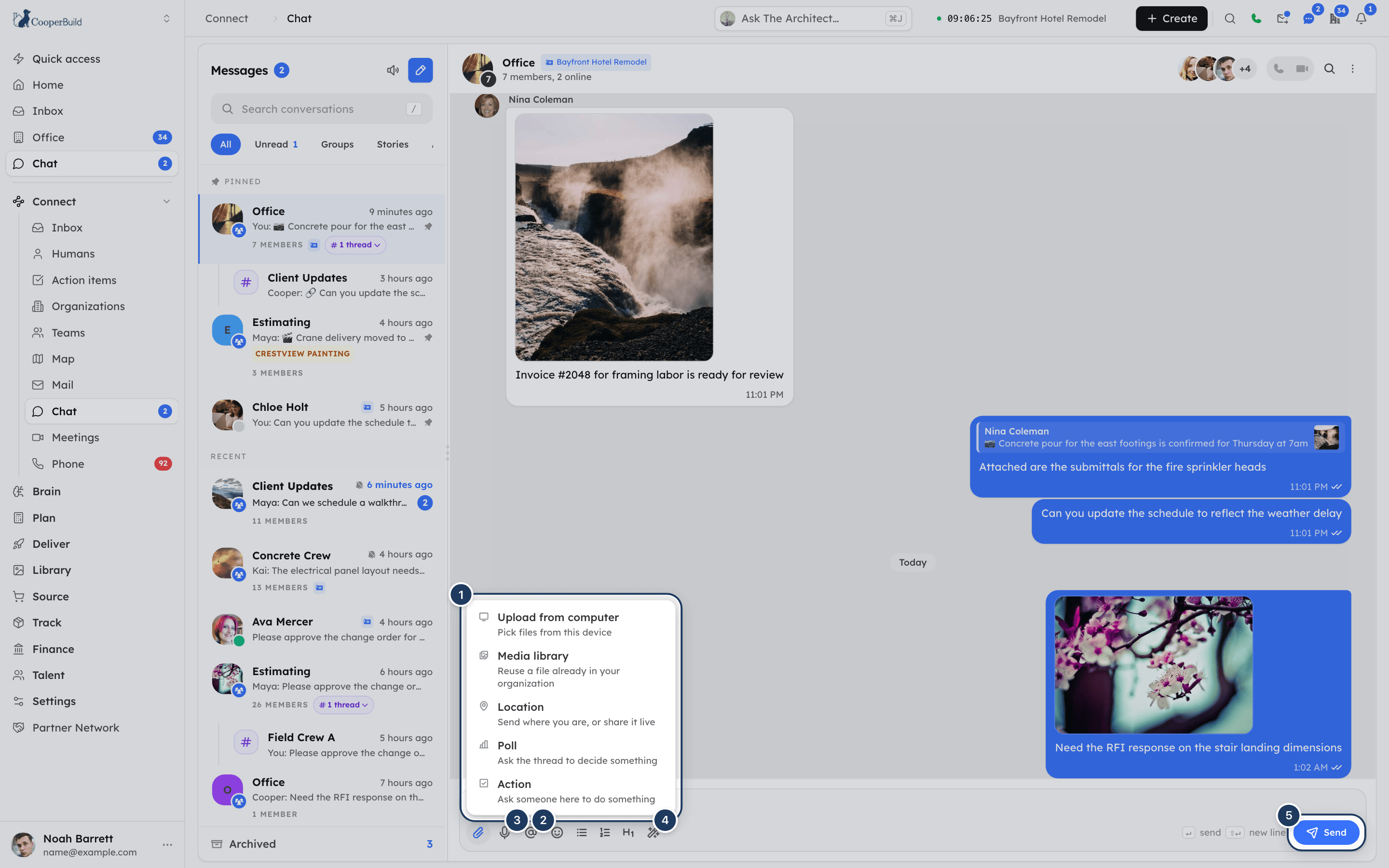 The attachment menu open above the message box