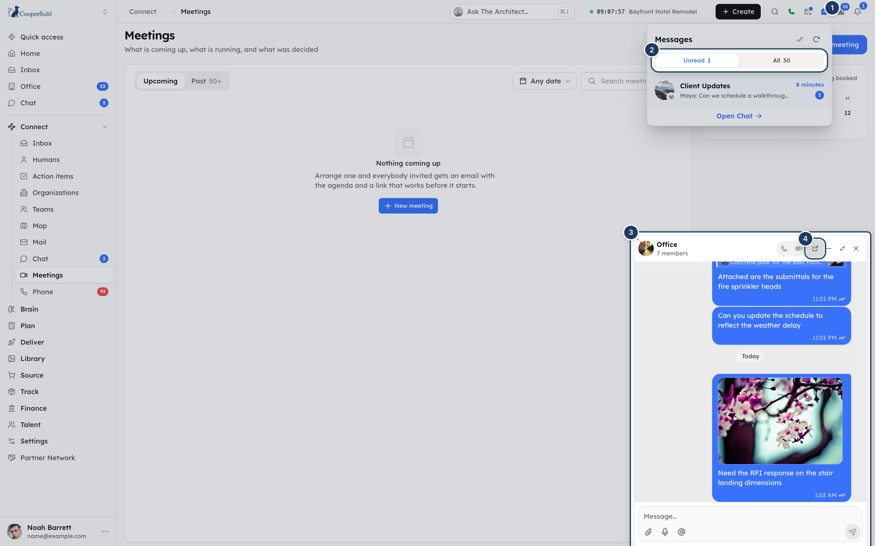 The Messages menu open from the header, with a chat window docked at the bottom right