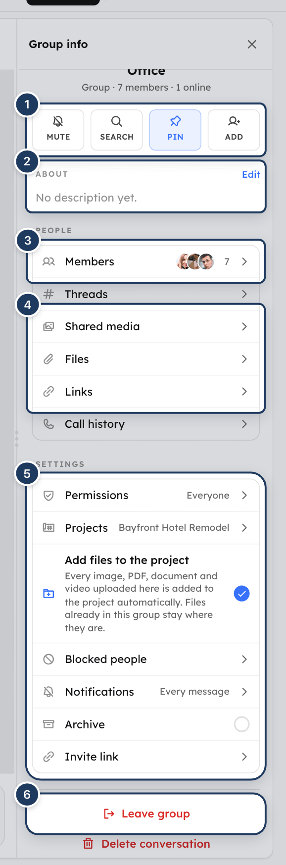 The Group info panel for a group conversation