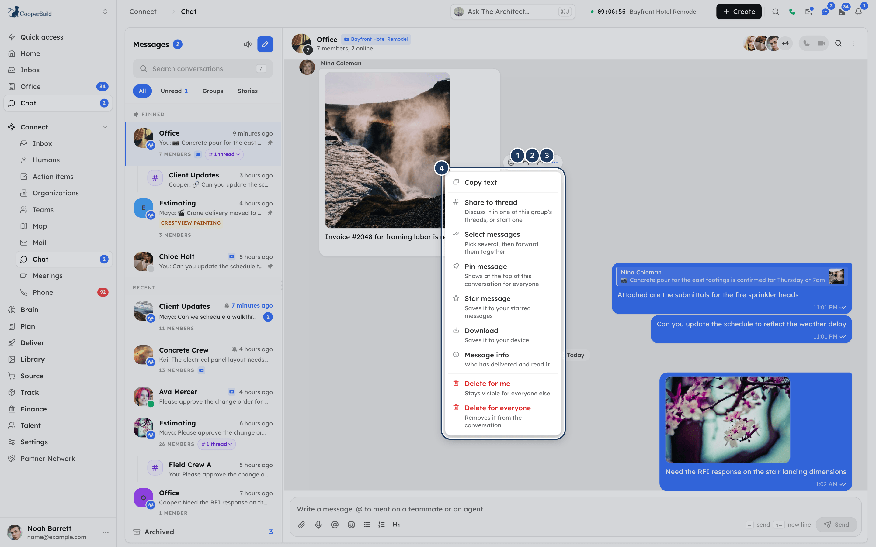 The More message actions menu open on a message