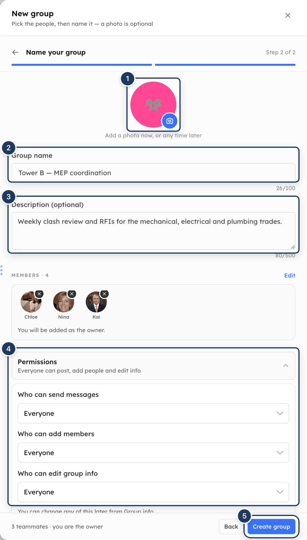 The New group panel on step 2, Name your group