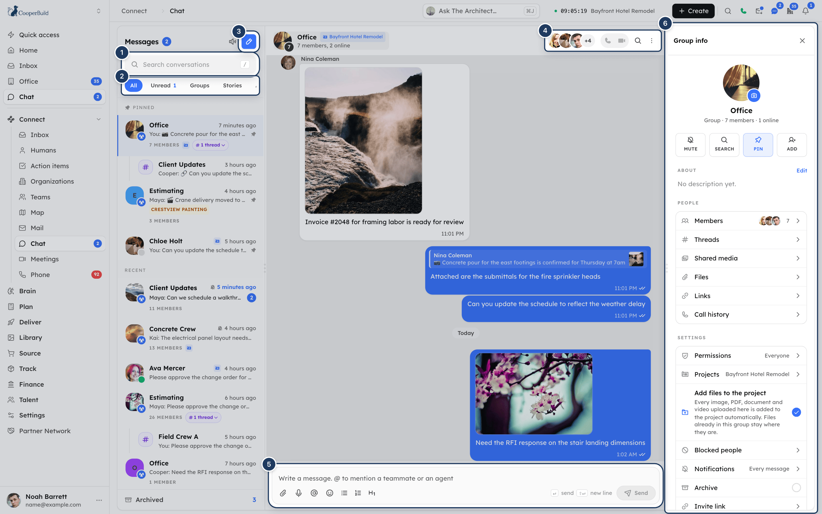 Chat with the conversation list on the left, an open group conversation in the middle and Group info on the right
