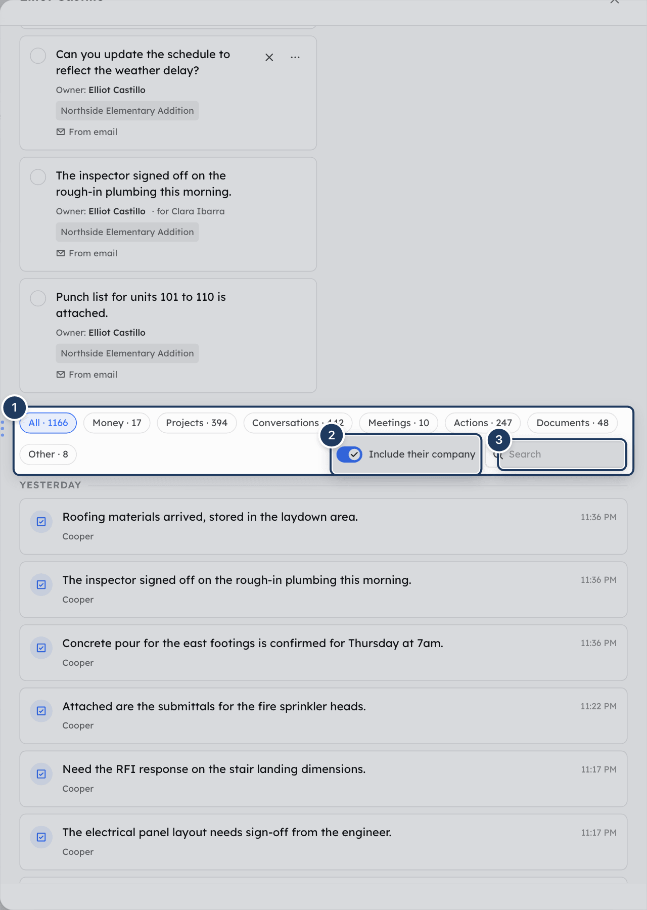 The Timeline tab with open items at the top and category chips