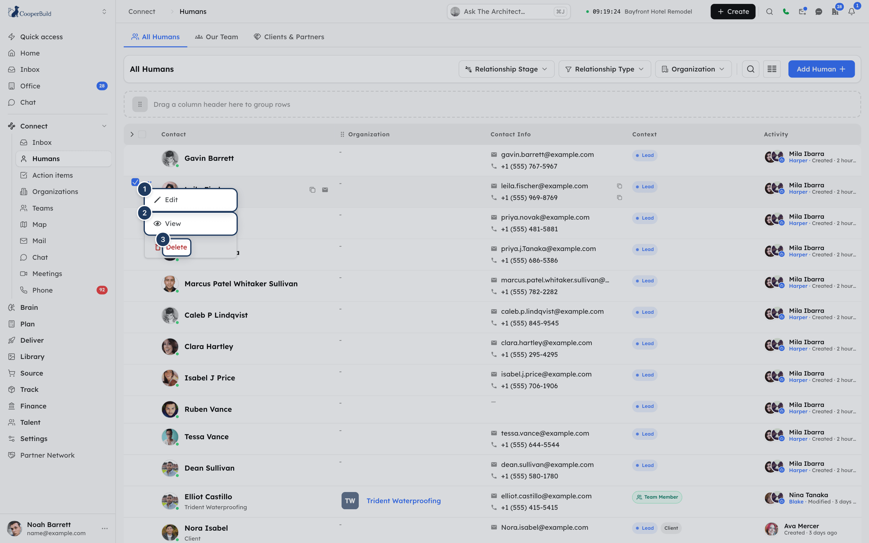 The row menu on a human, showing Edit, View and Delete